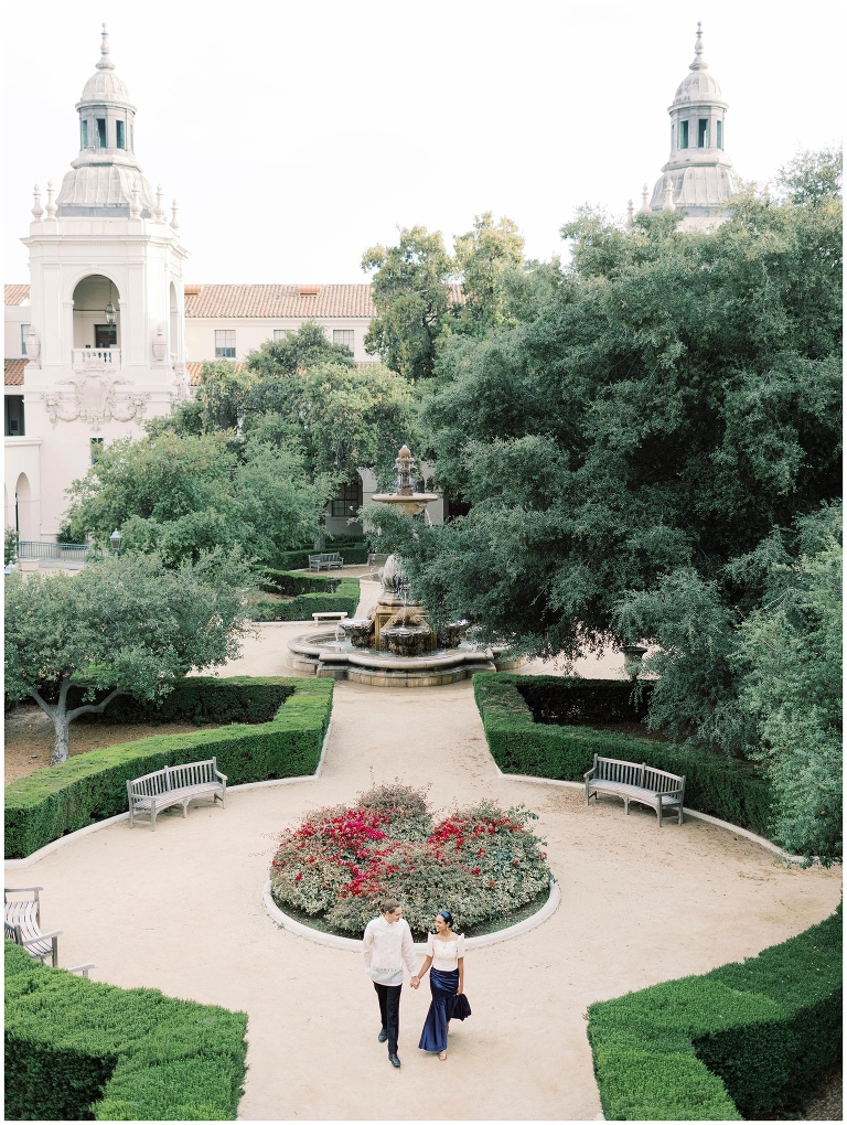 Pasadena City Hall engagement photo in courtyard garden