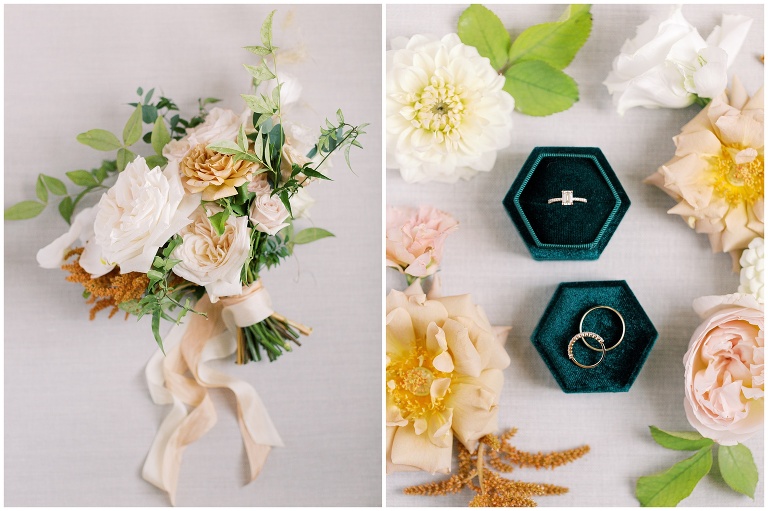 Summertime wedding bouquet and rings