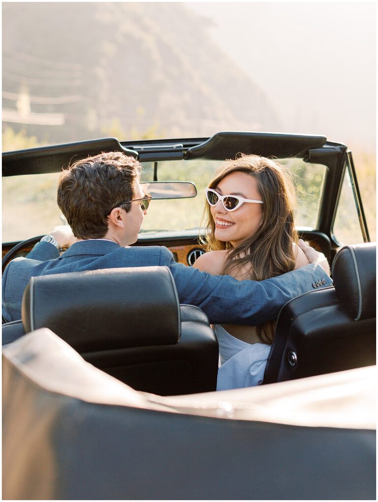 Malibu Hills California engagement photo in vintage rolls royce car