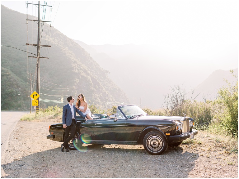 Malibu Hills California engagement photo in vintage rolls royce car