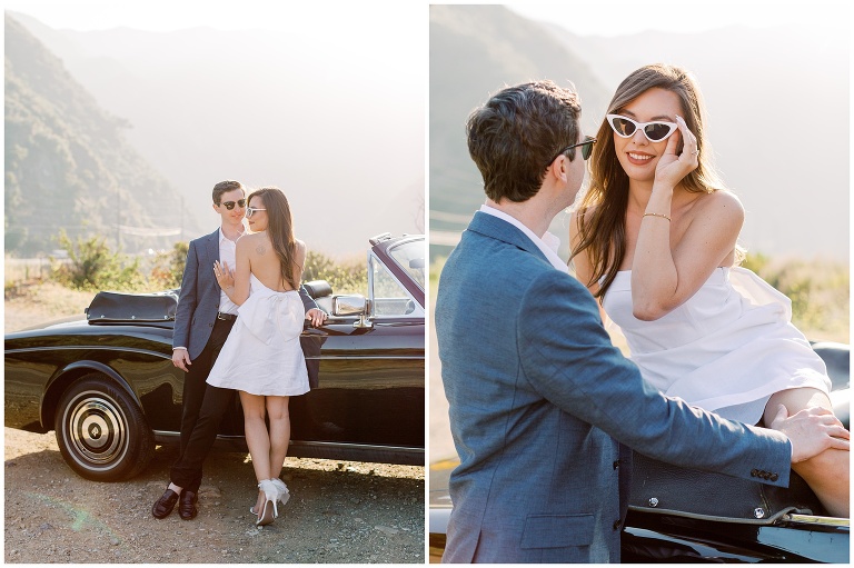 Malibu Hills California engagement photo in vintage rolls royce car