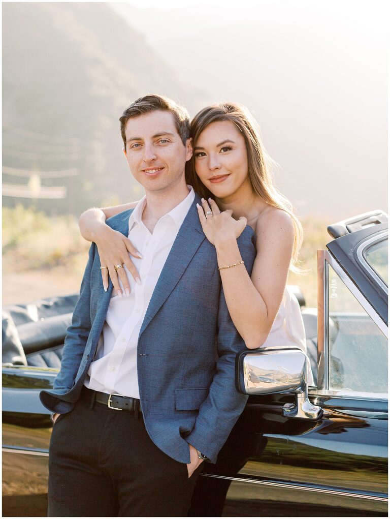 Malibu Hills California engagement photo in vintage rolls royce car