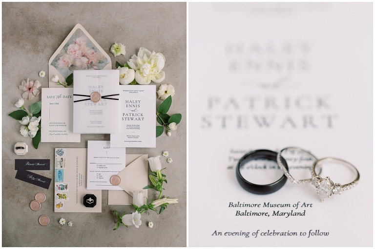 Invitation flatlay and wedding rings