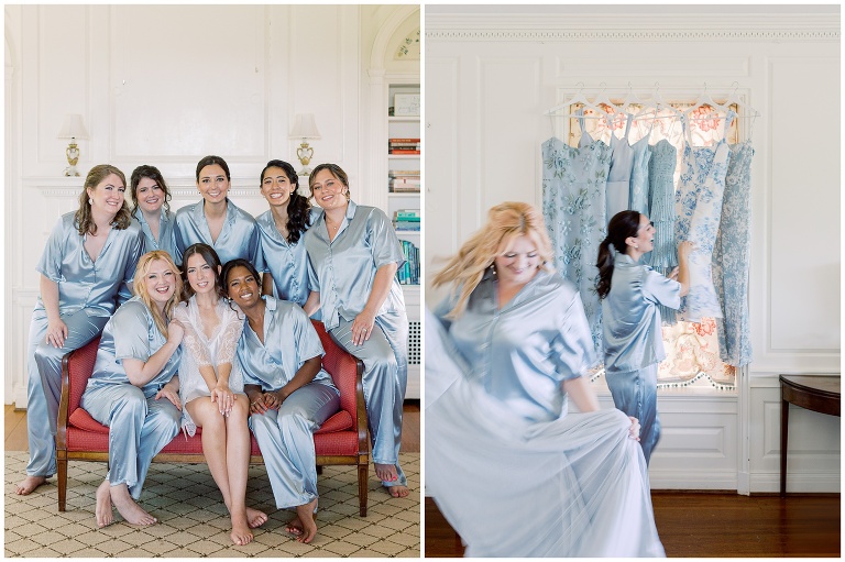 Bride and bridesmaids in blue satin pajamas