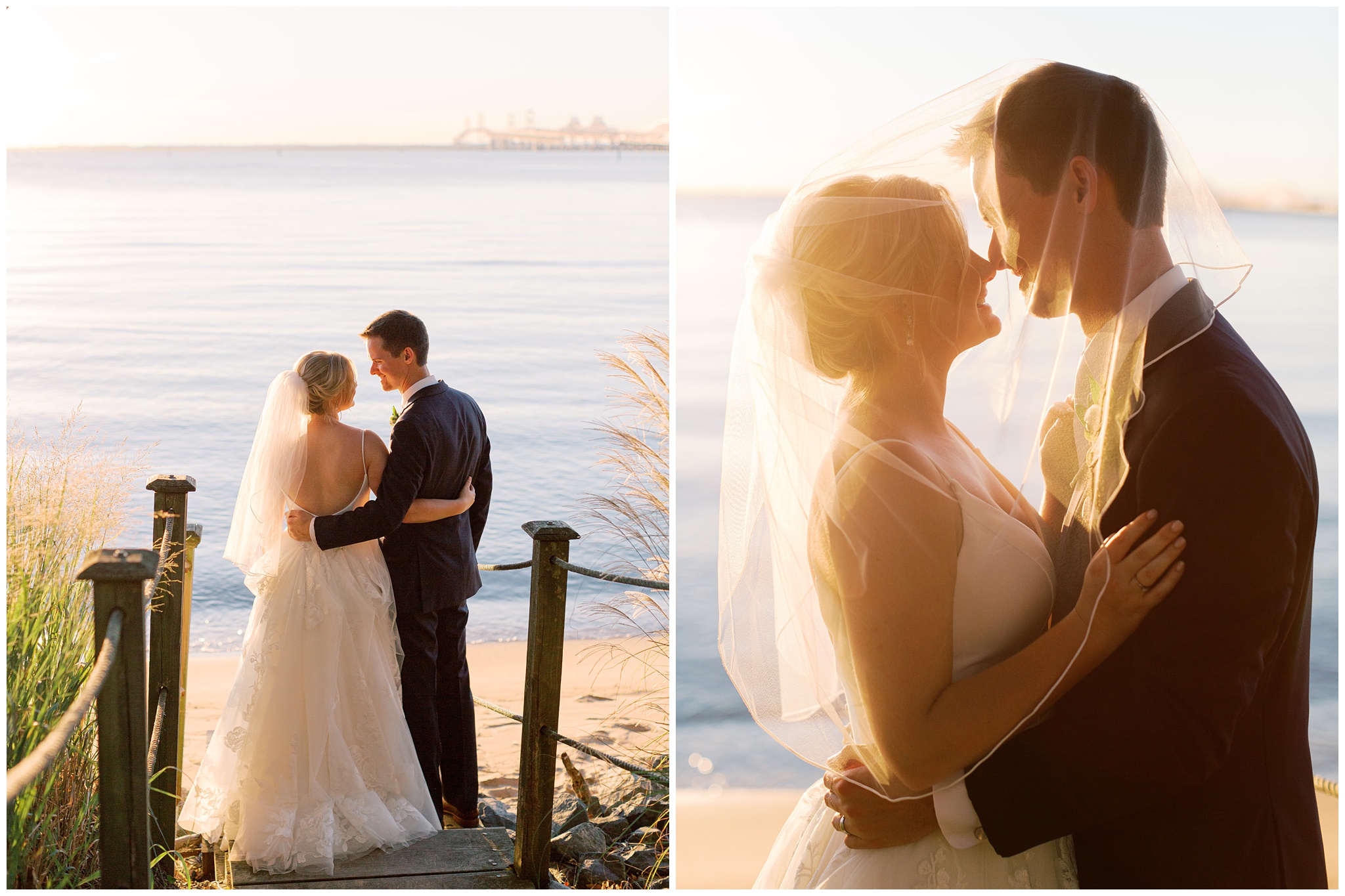Chesapeake Bay Beach Club wedding bride and groom sunset portraits