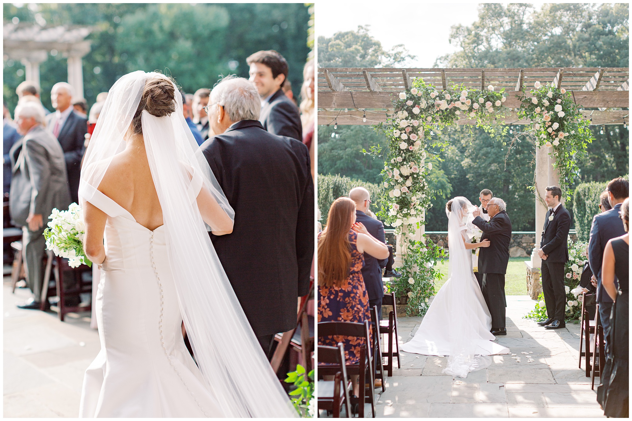 Bride walking down the aisle with her grandpa at Dover Hall Estate