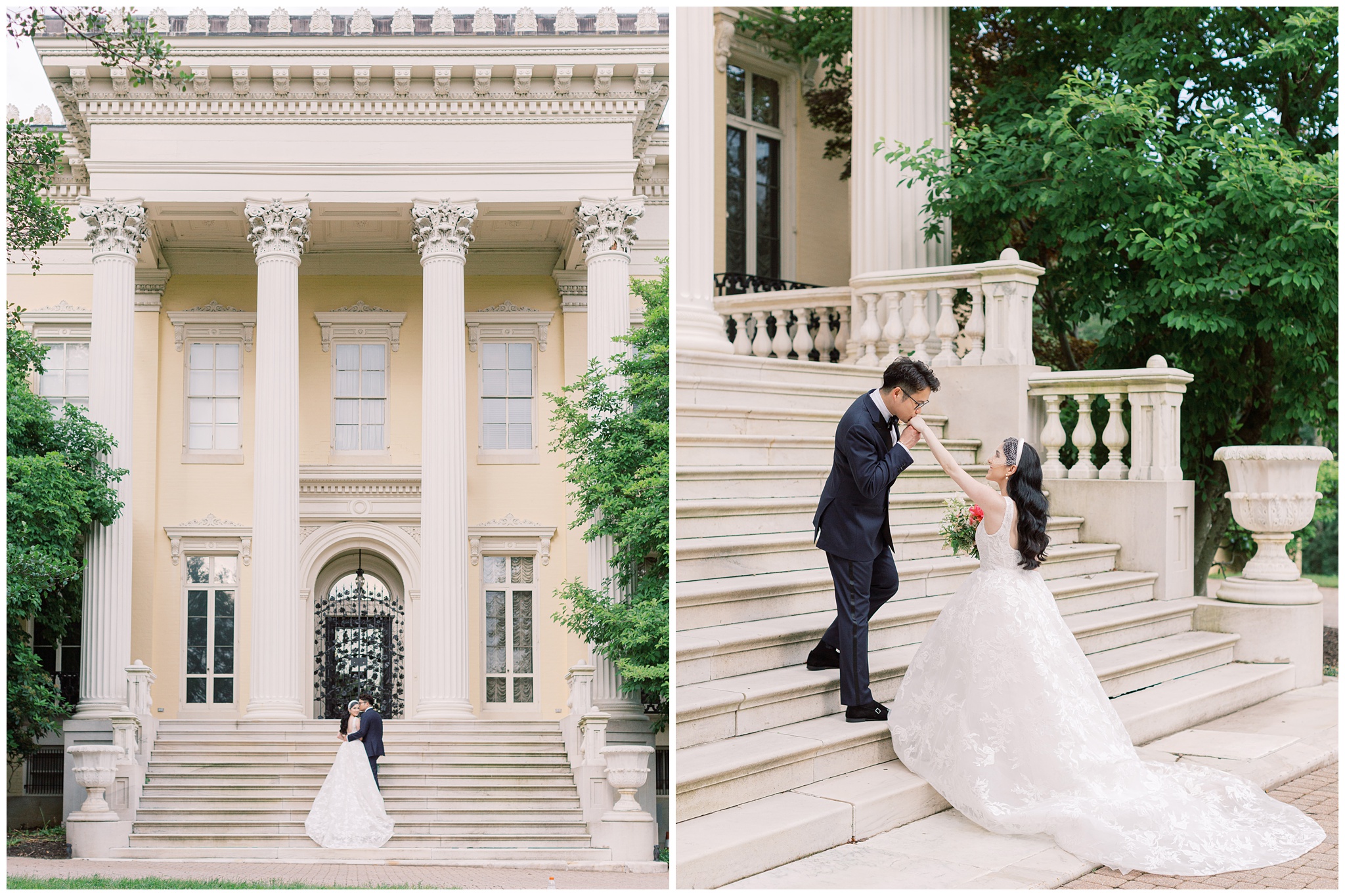 Wedding photos of bride and groom at Evergreen Museum in Baltimore