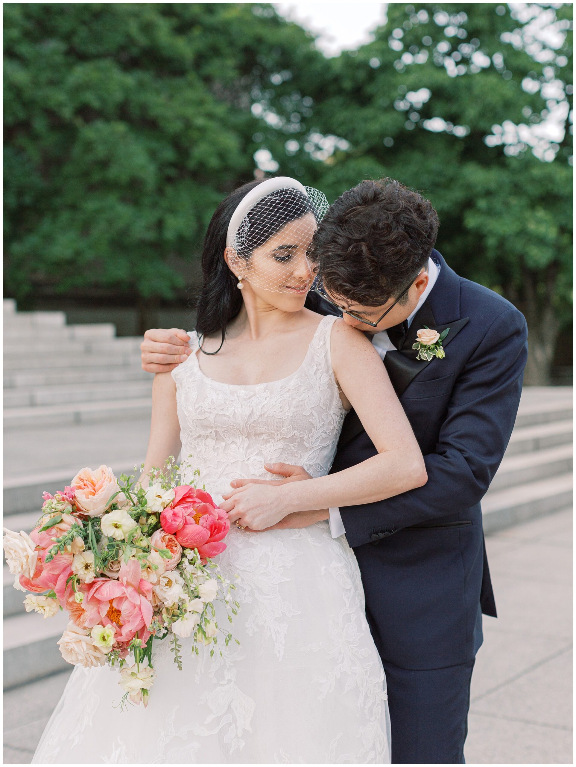 Wedding photo of bride and groom at the Baltimore Museum of Art