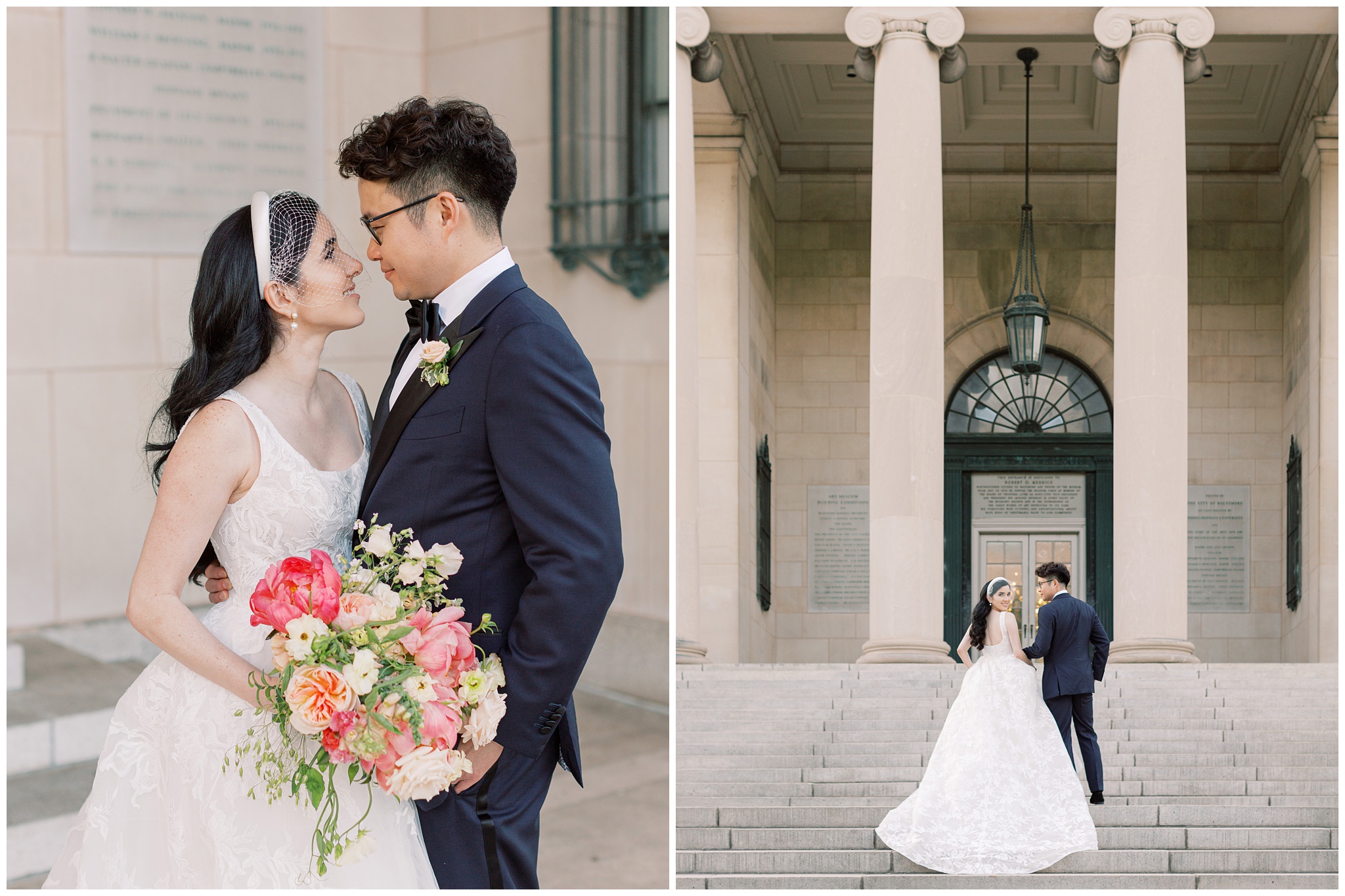 Wedding photos of bride and groom at the Baltimore Museum of Art