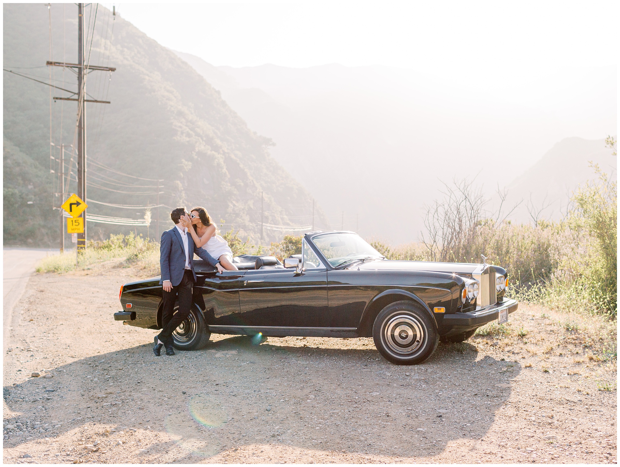 Malibu Hills California engagement photo in vintage rolls royce car