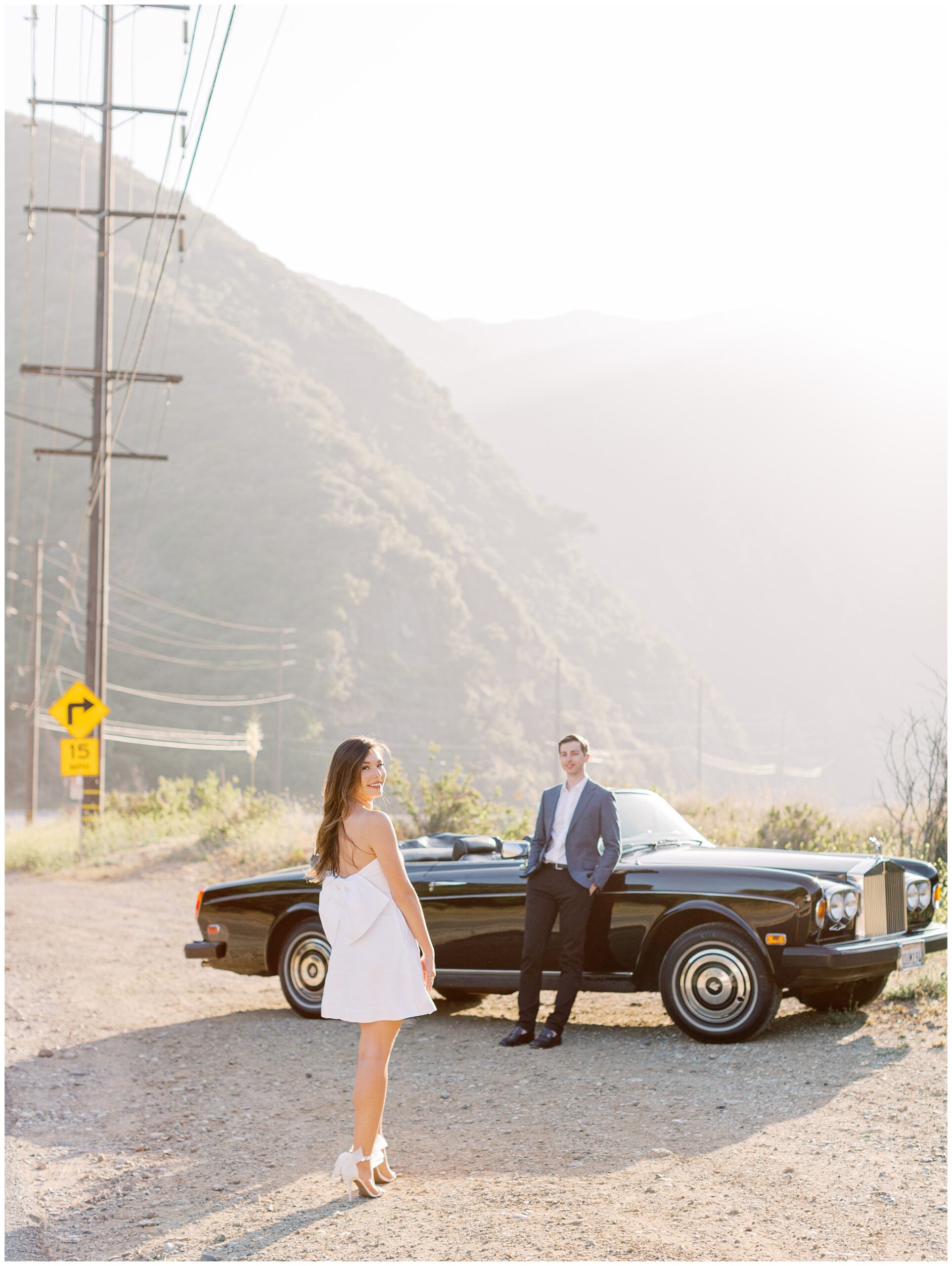 Malibu Hills California engagement photo in vintage rolls royce car