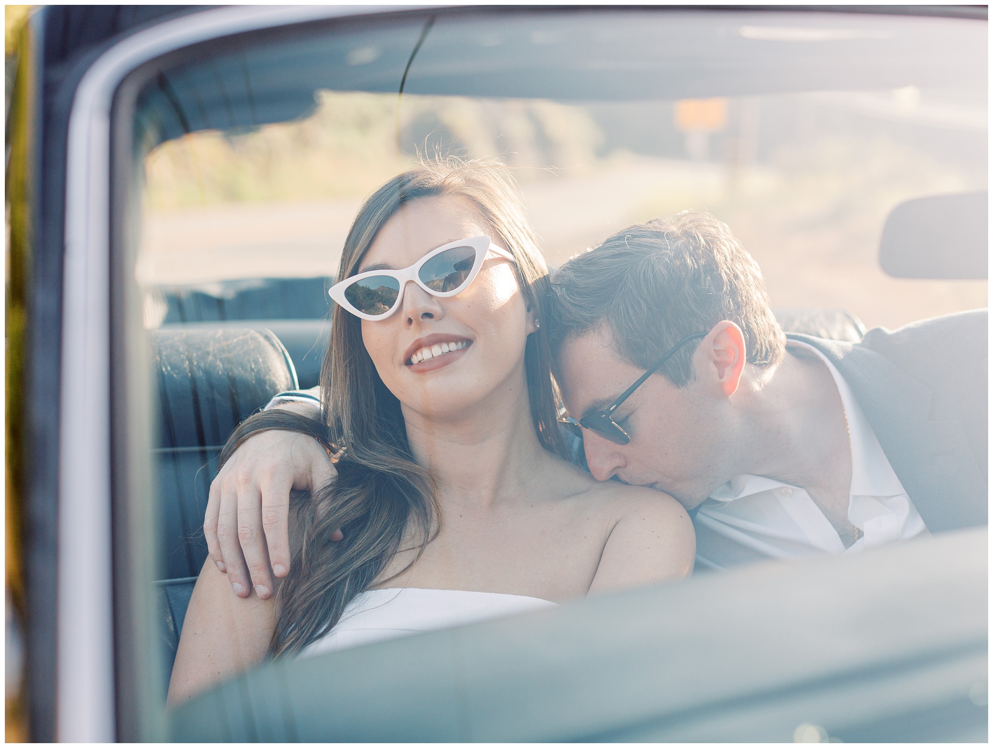 Malibu Hills California engagement photo in vintage rolls royce car