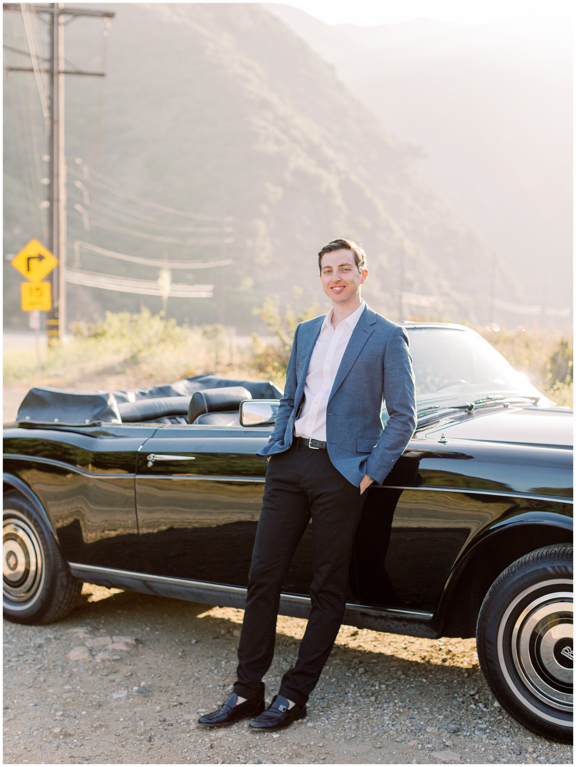 Malibu Hills California engagement photo in vintage rolls royce car