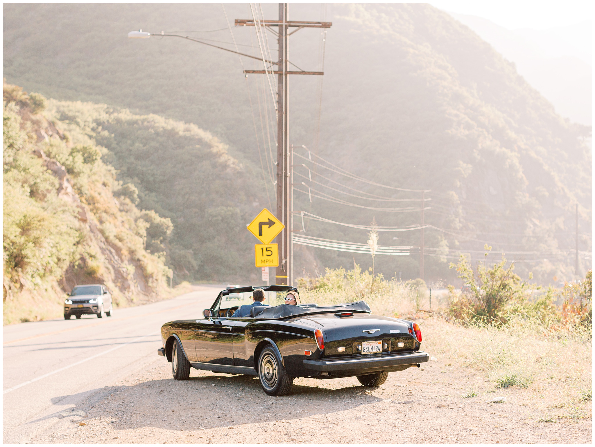 Malibu Hills California engagement photo in vintage rolls royce car
