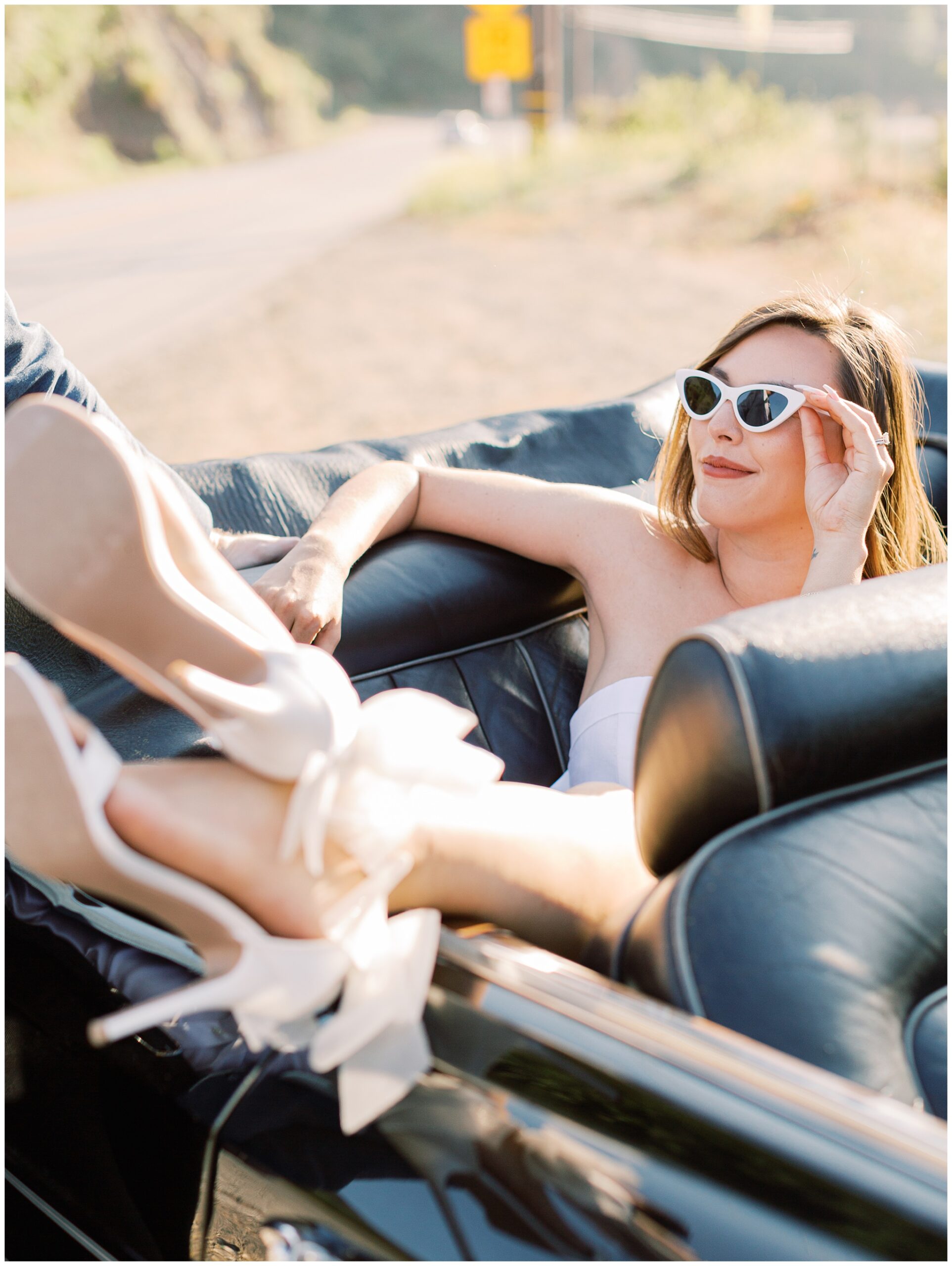 Malibu Hills California engagement photo in vintage rolls royce car