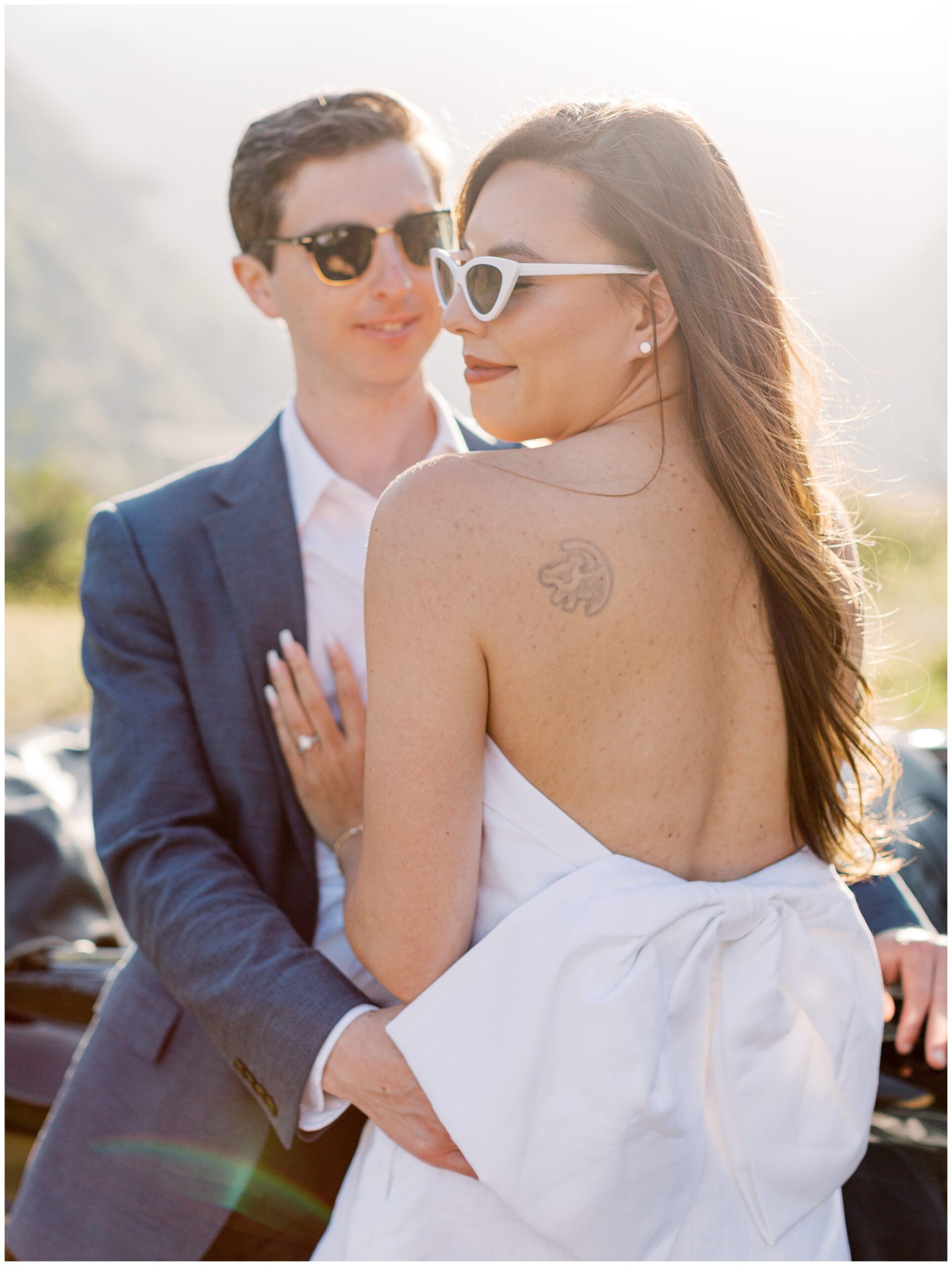 Malibu Hills California engagement photo in vintage rolls royce car