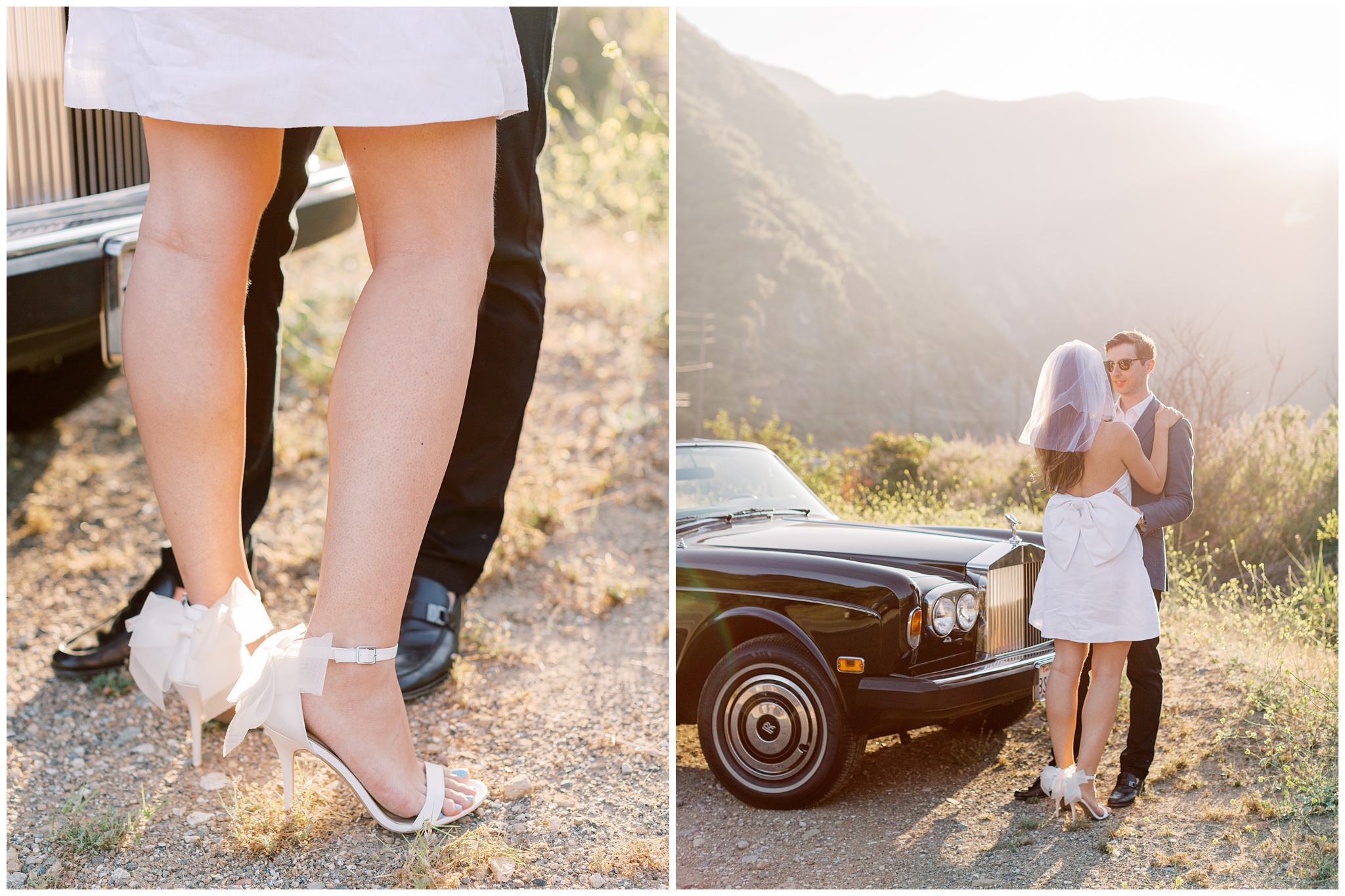Malibu Hills California engagement photo in vintage rolls royce car