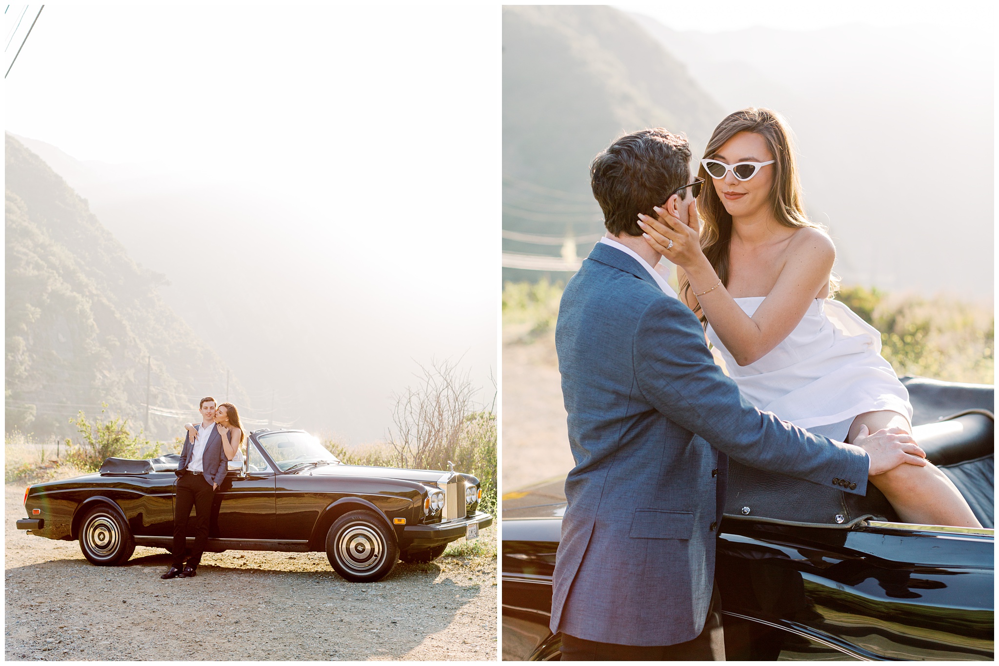 Malibu Hills California engagement photo in vintage rolls royce car