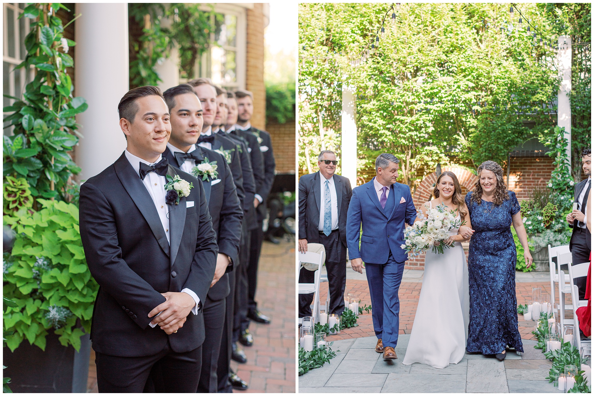 Groom smiling at his bride as she walks down the aisle with her parents