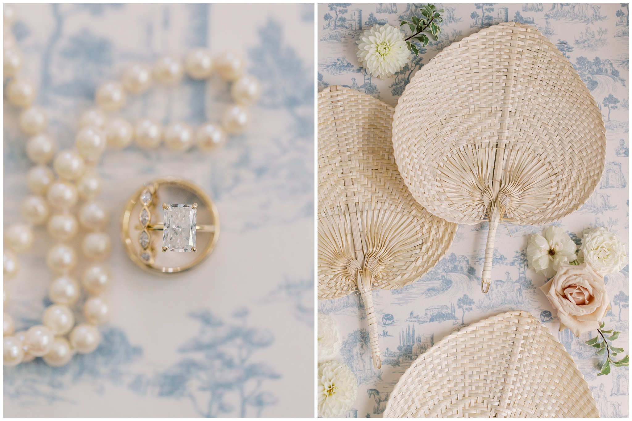 wedding flatlay with ceremony fans and rings