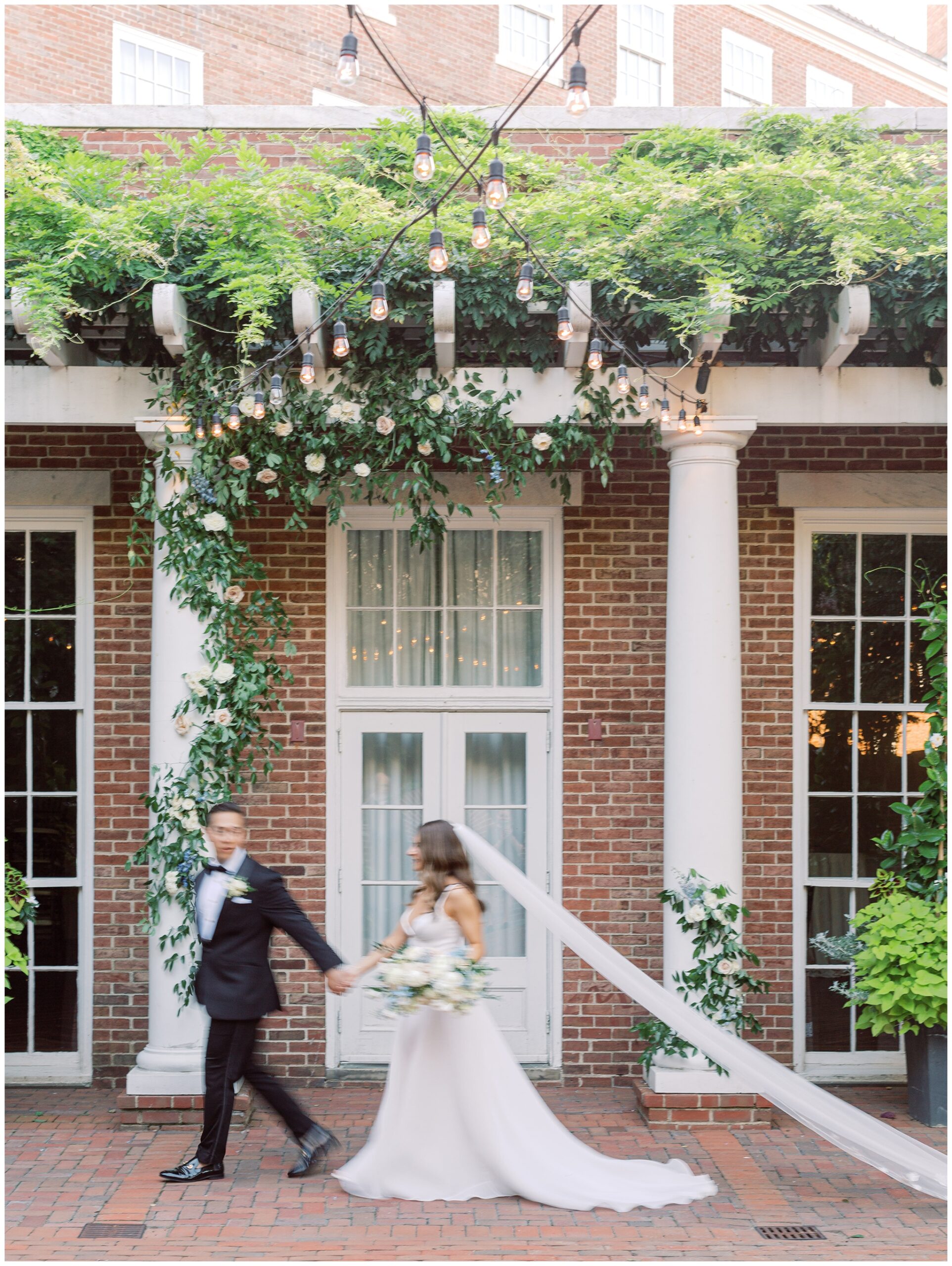 Blurred photo of the bride and groom walking