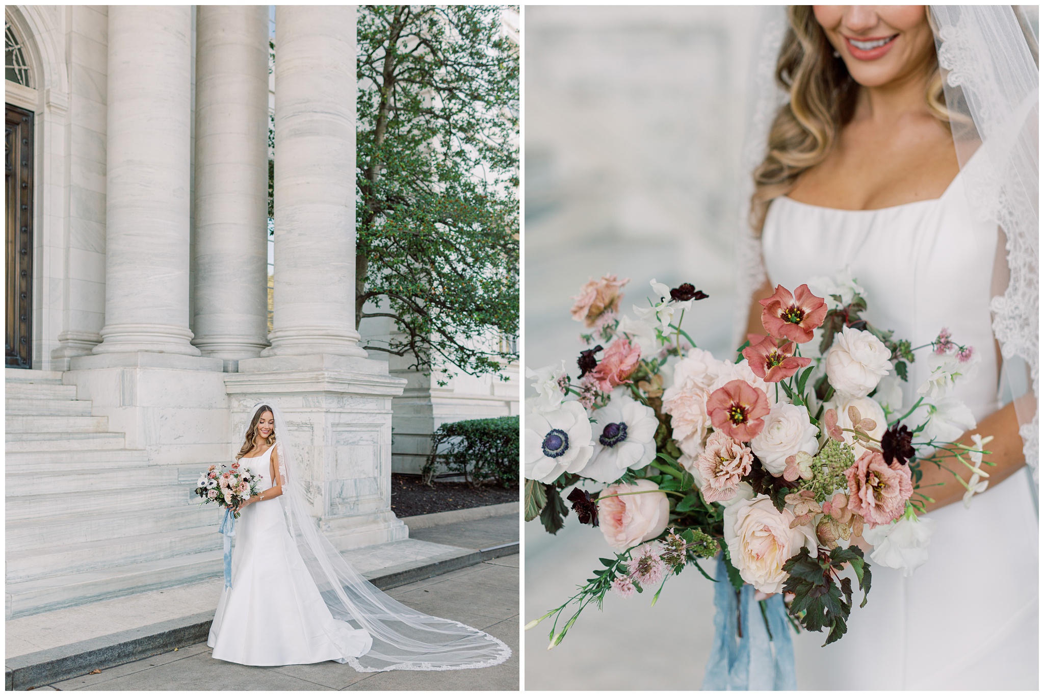 Bridal portrait and bridal bouquet at DAR Constitution Hall wedding