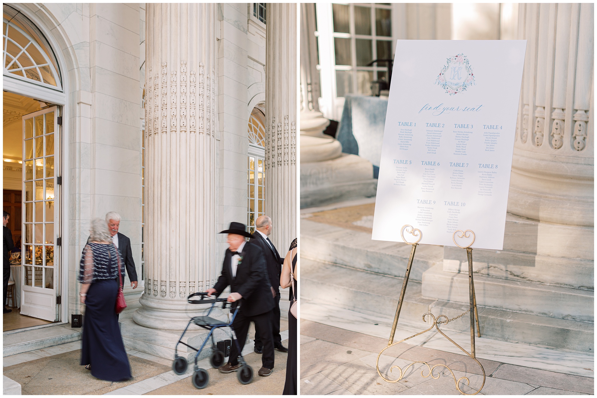 Seating chart and guests walking into the reception