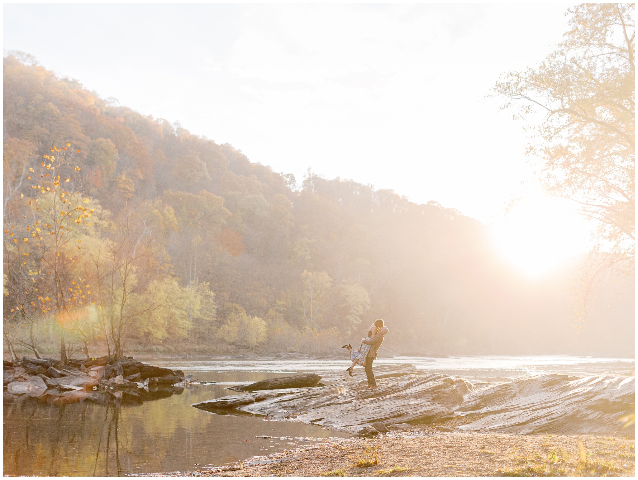 Harpers Ferry fall engagement photos at golden hour by the waterfront