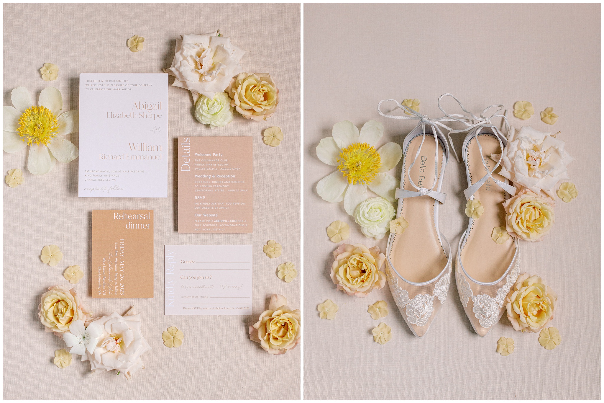 invitation suite and wedding shoes flatlay