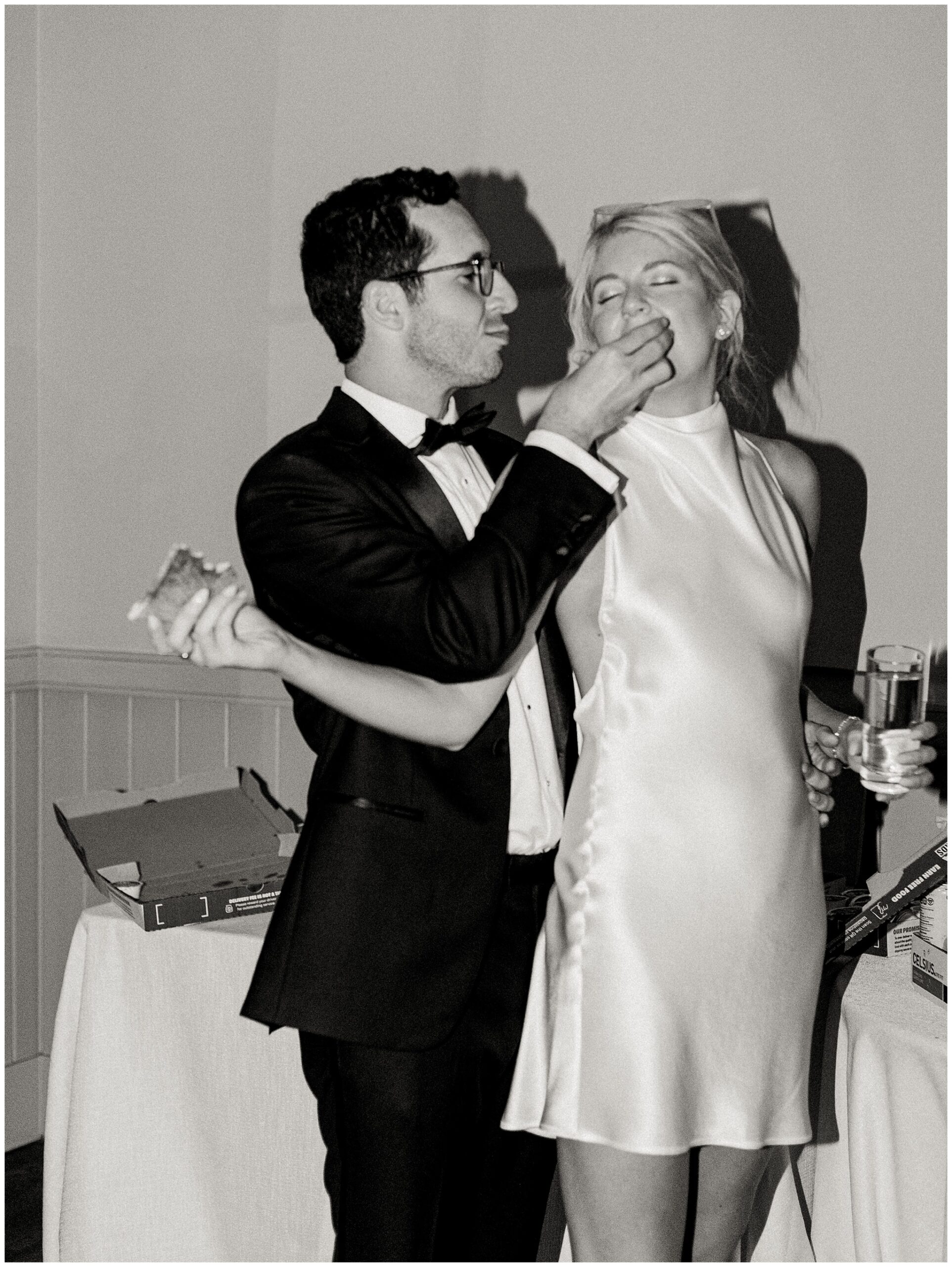 Bride and Groom eating pizza at King Family Vineyards reception
