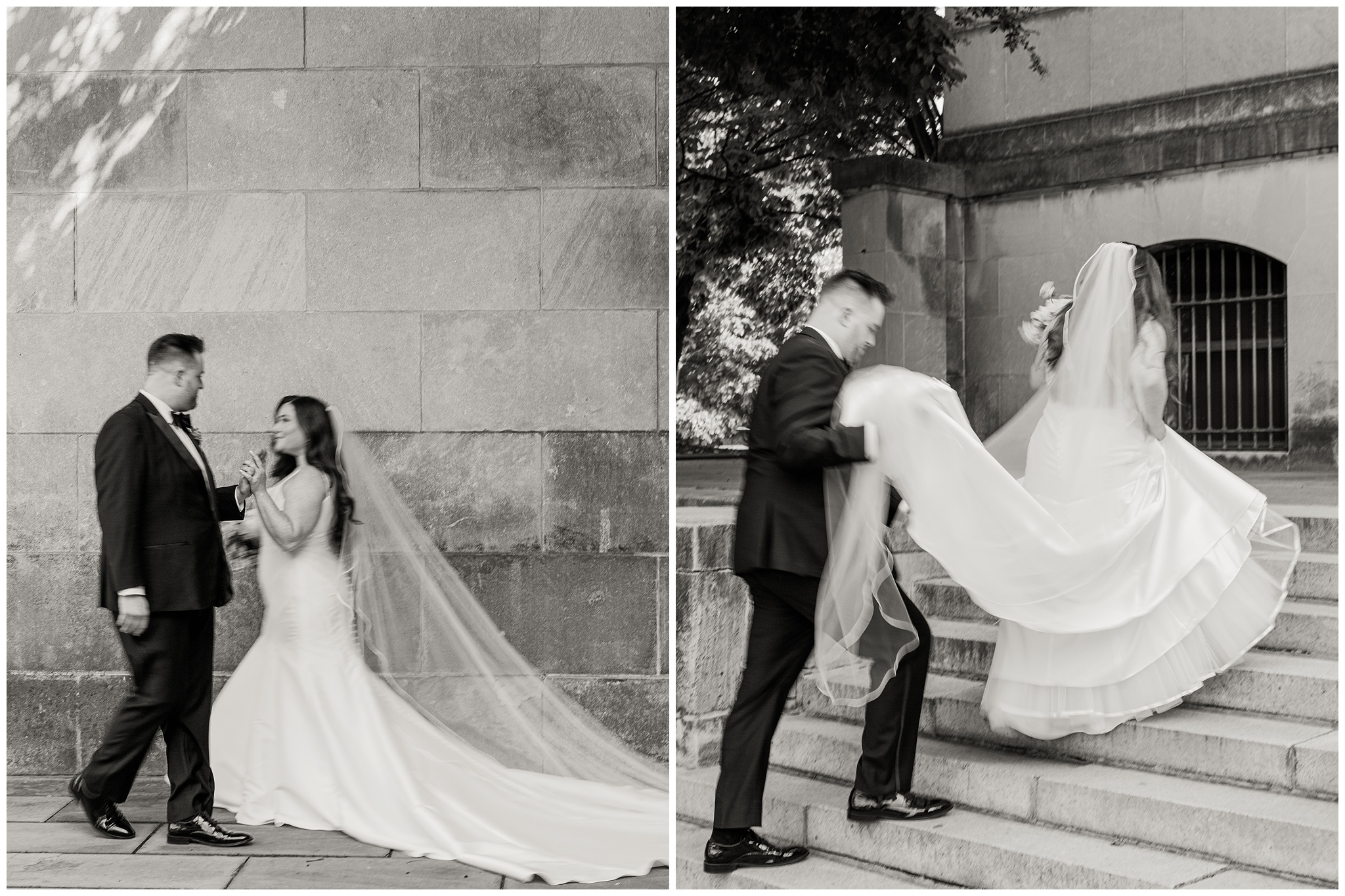 Blurry black and white Bride and Groom wedding photos at the Baltimore Museum of Art
