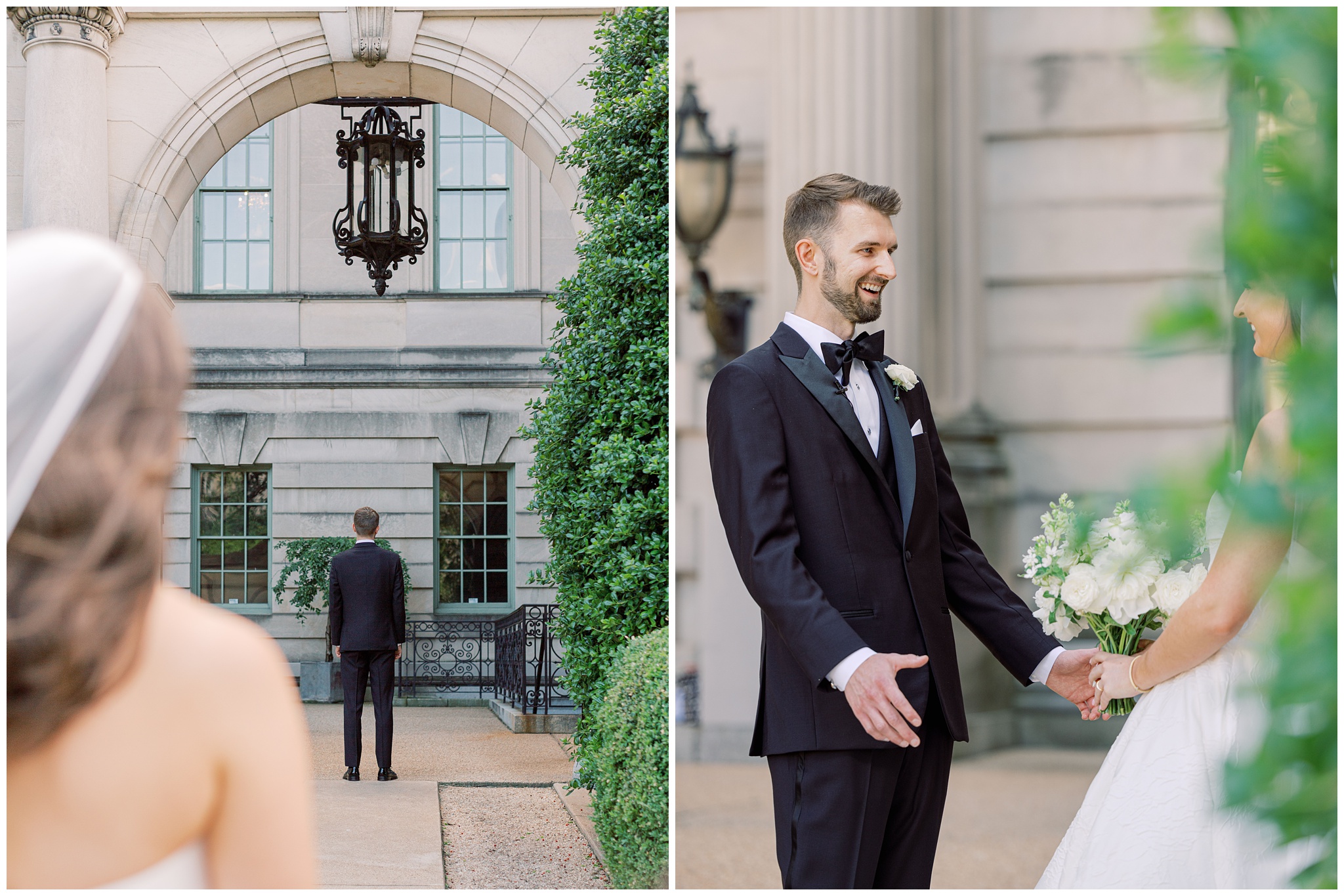 bride and groom first look photos