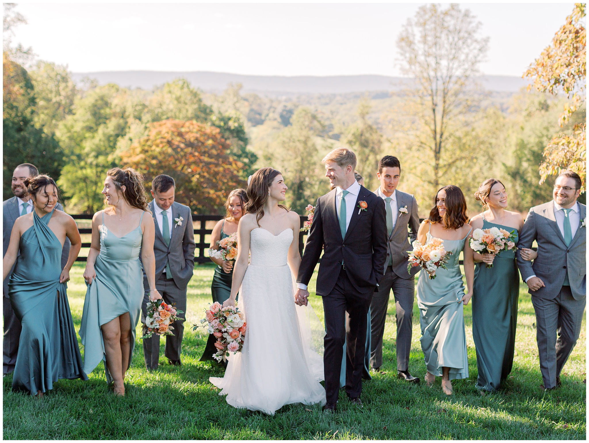 Oak Barn at Loyalty fall wedding photo of wedding party walking