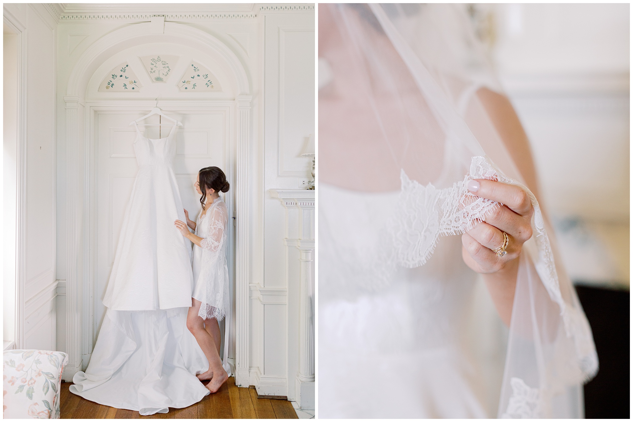 Bride looking at her wedding dress