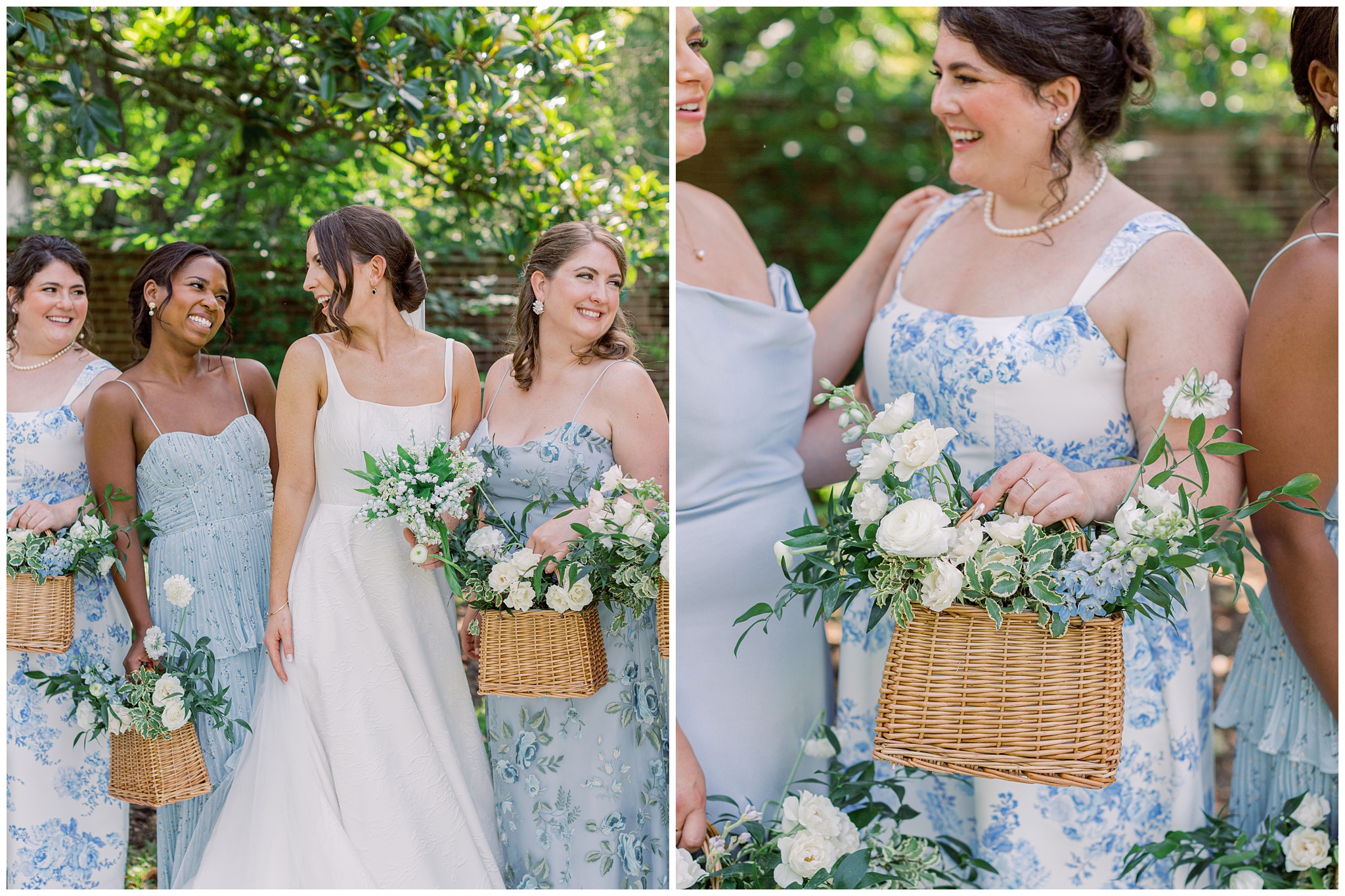 bride and bridesmaids with bouquet baskets