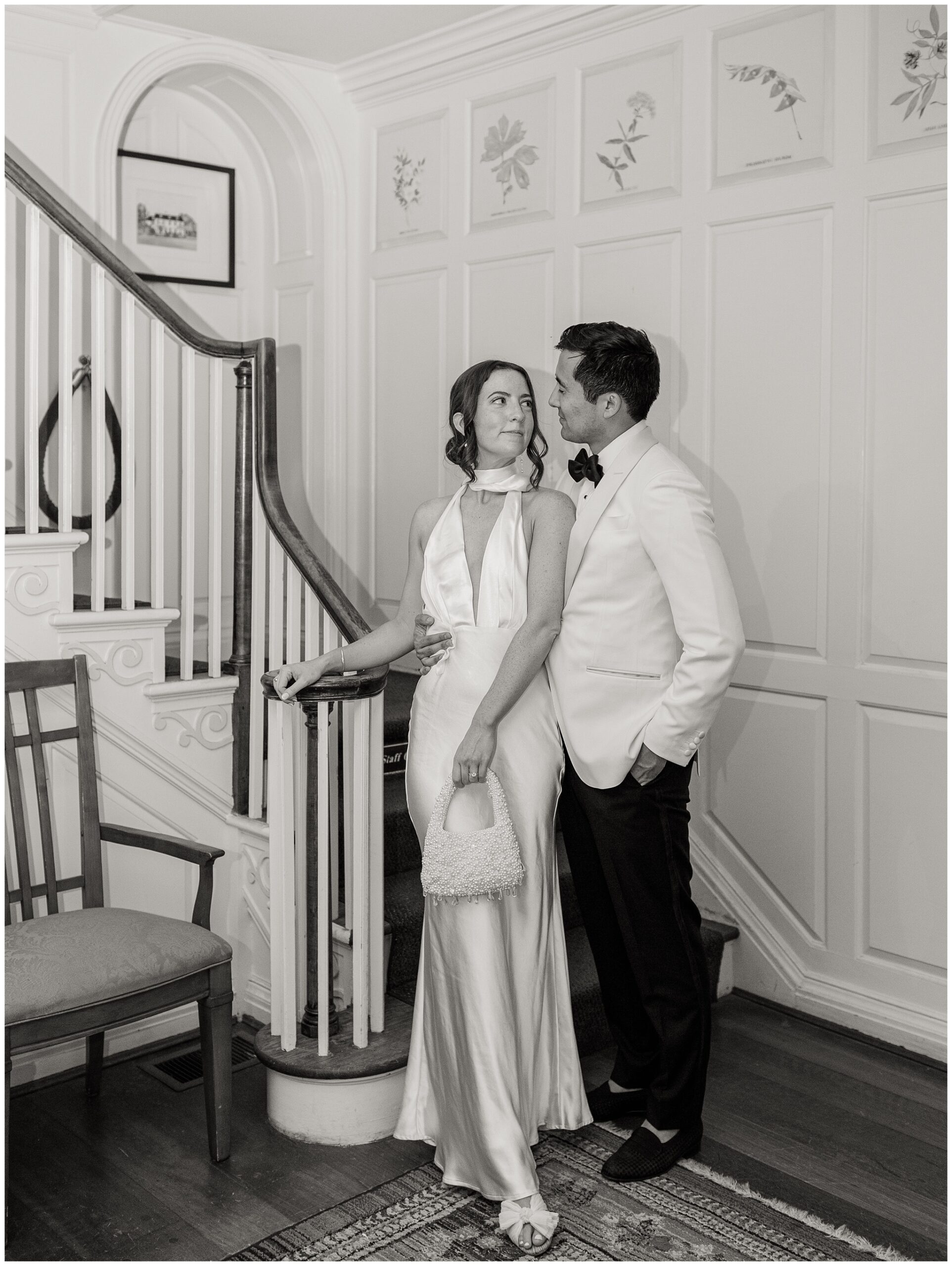 black and white flash photo of bride and groom at River Farm wedding
