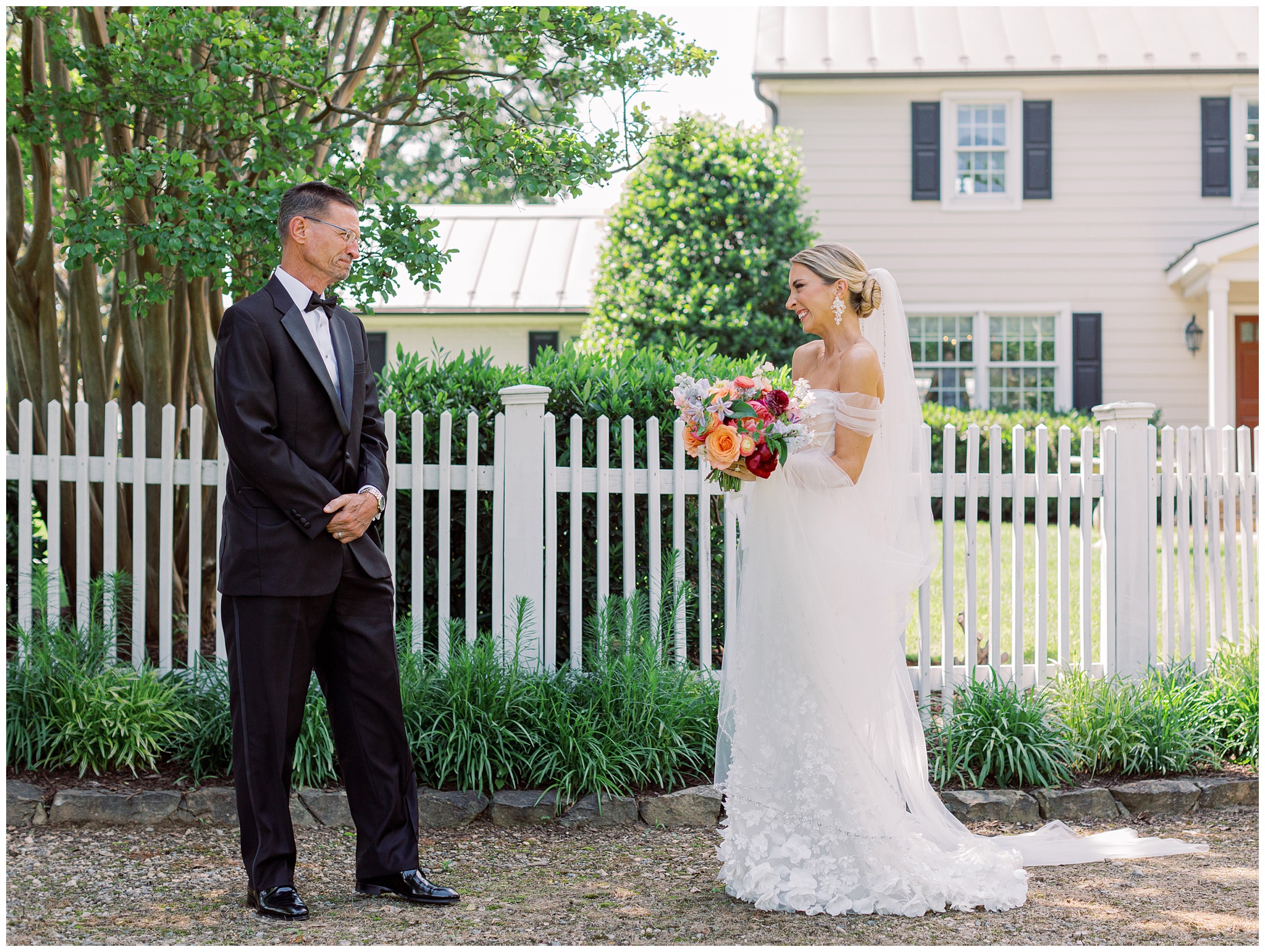 Bride and dad first look outside Farmhouse