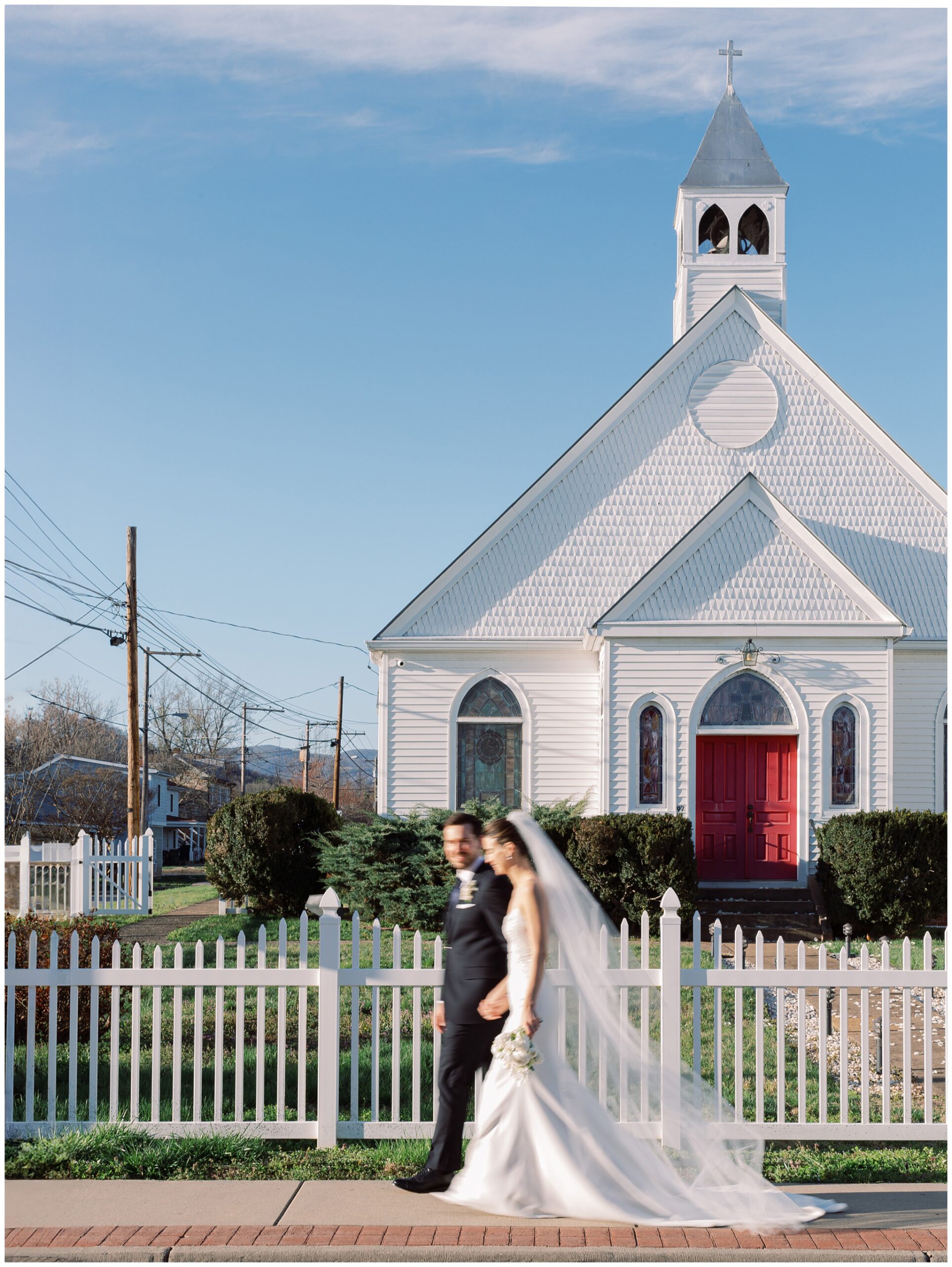 Bride and Groom walking blurred