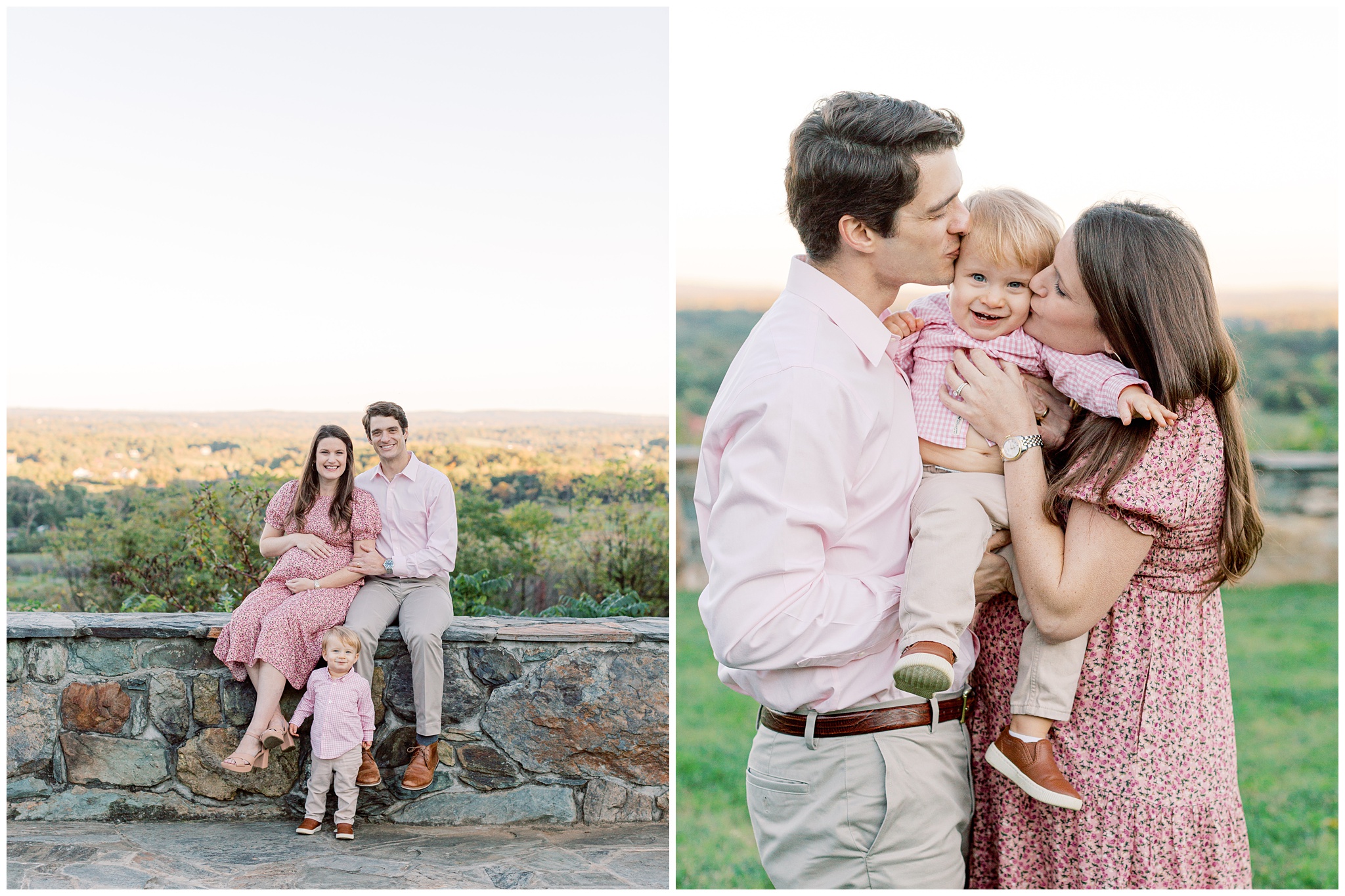 Parents laughing and smiling with their toddler during a fall family maternity session