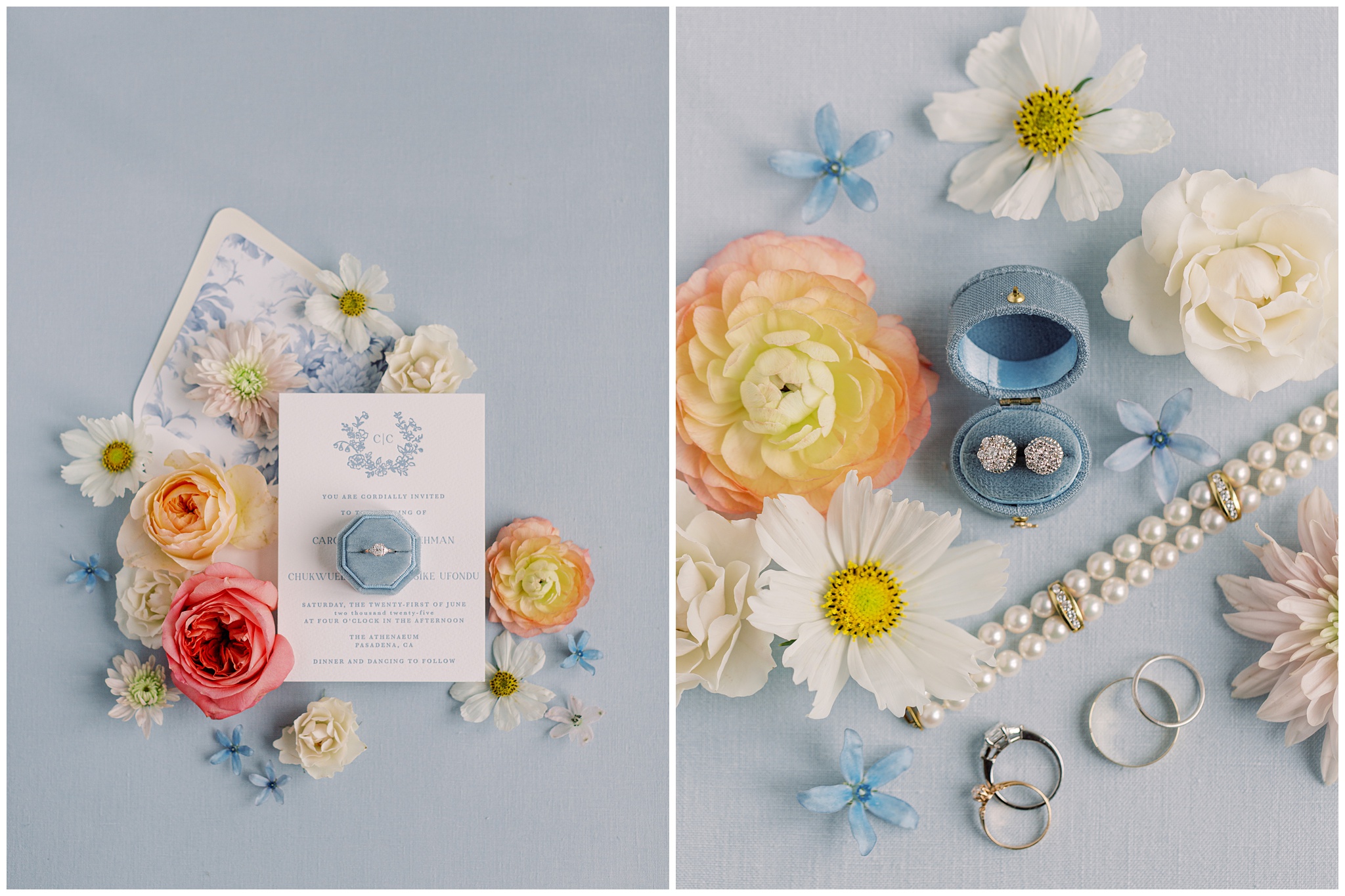 invitation and jewelry flatlay for summer wedding at Caltech Athenaeum