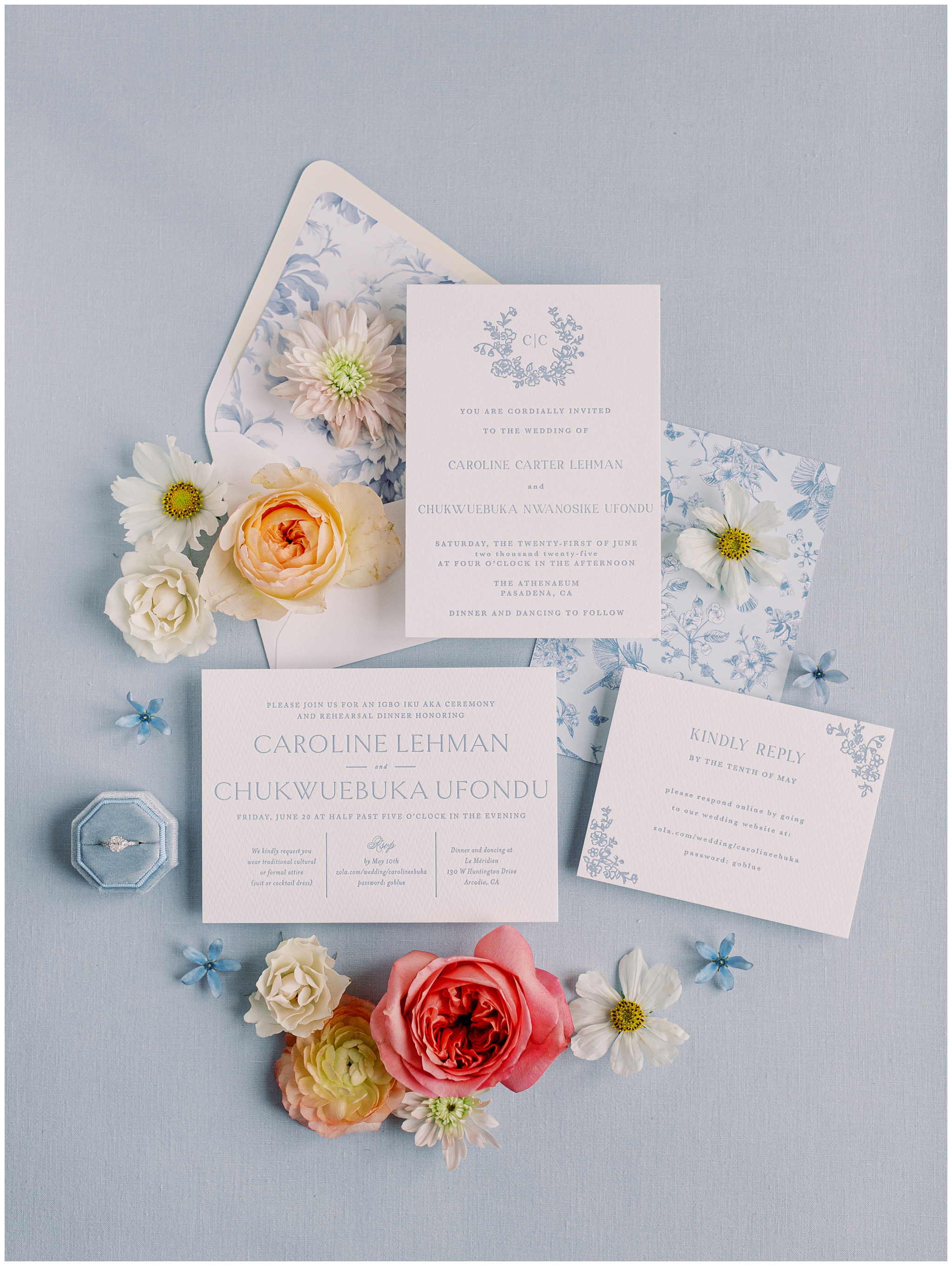 pretty blue invitation suite for summer wedding at the Athenaeum at Caltech