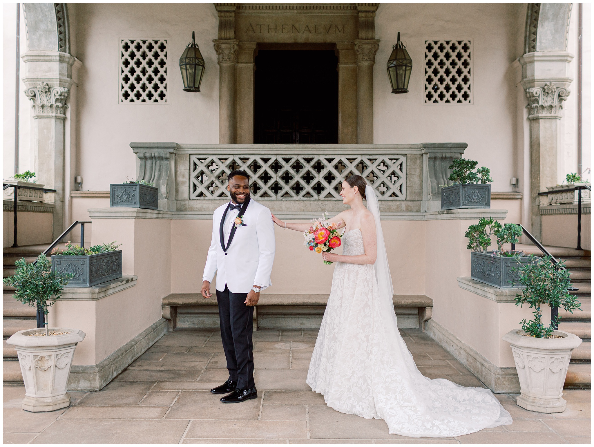 Bride and Groom first look at Caltech Athenaeum wedding