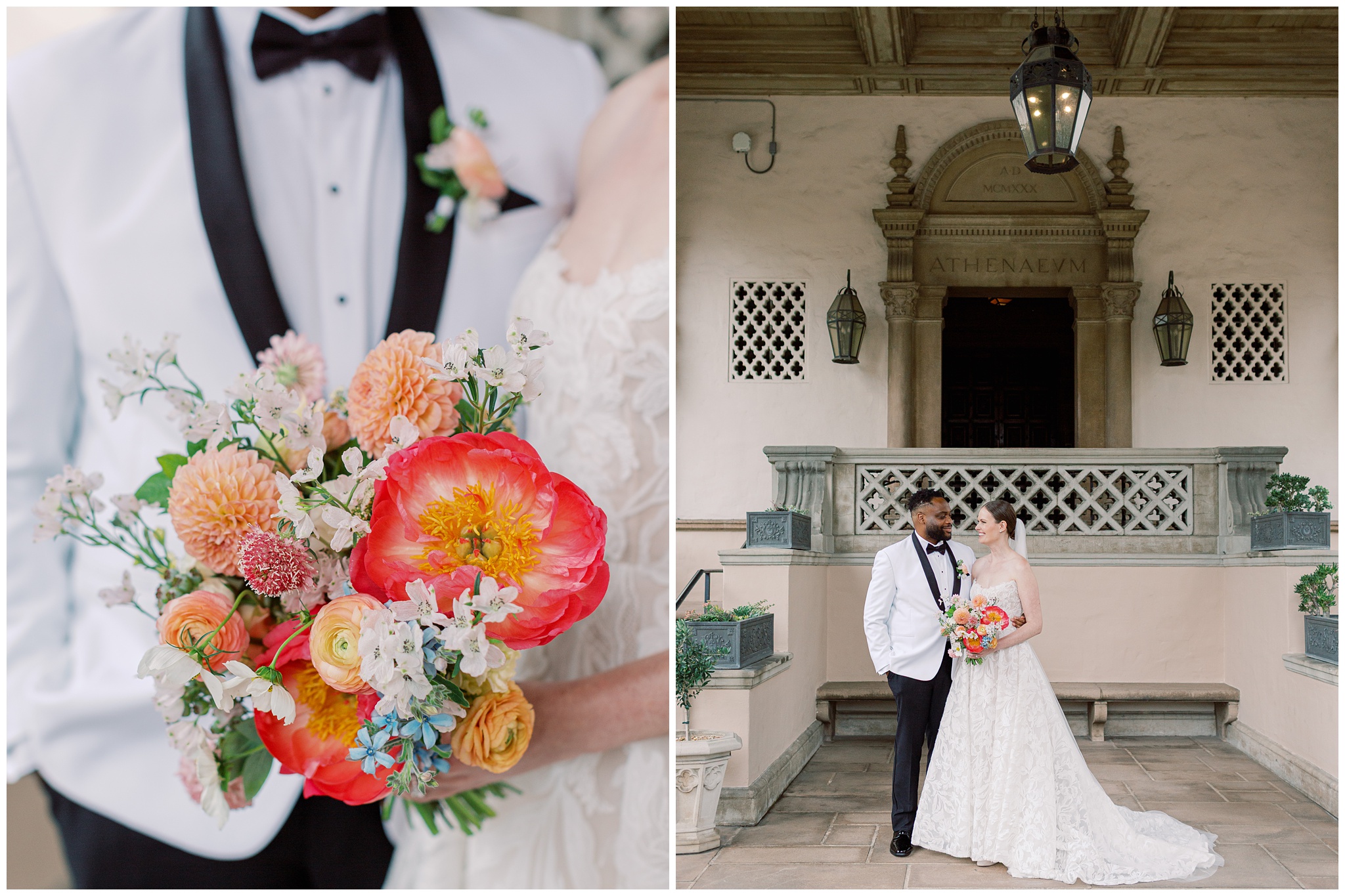 Bride and Groom portraits at Caltech Athenaeum wedding in entrance