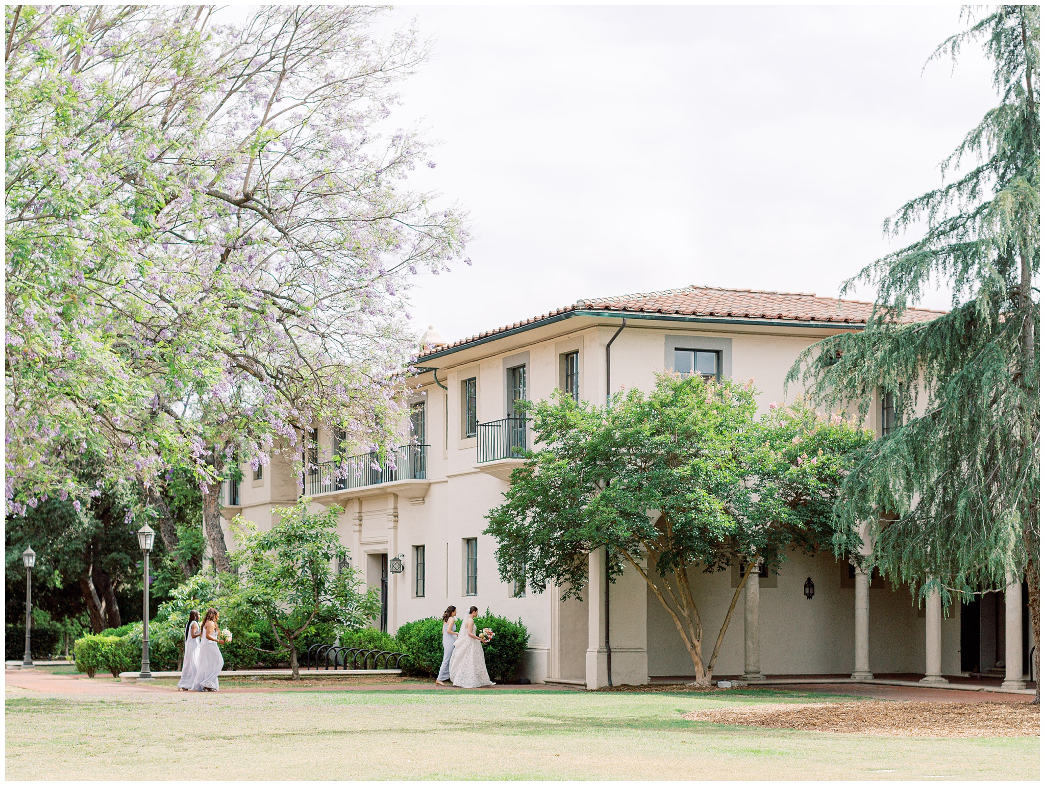 Bride and Bridesmaids walking on Caltech campus