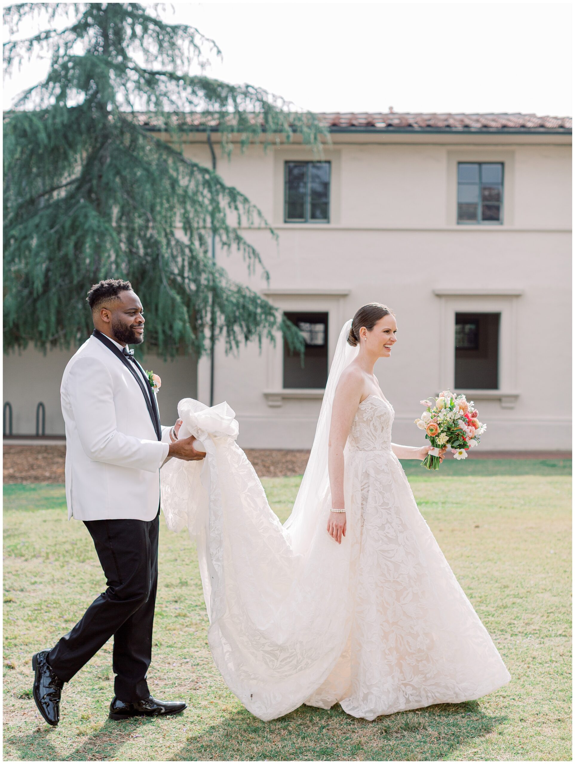 Bride and Groom walking on Caltech campus