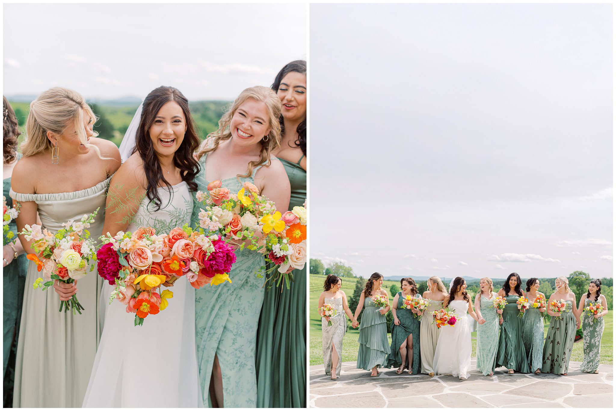 Bridesmaids in mismatched green gowns at Stone Tower Winery wedding