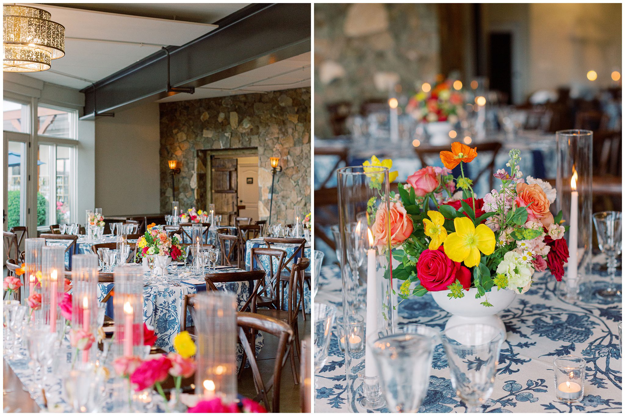 Colorful reception details at Stone Tower Winery wedding