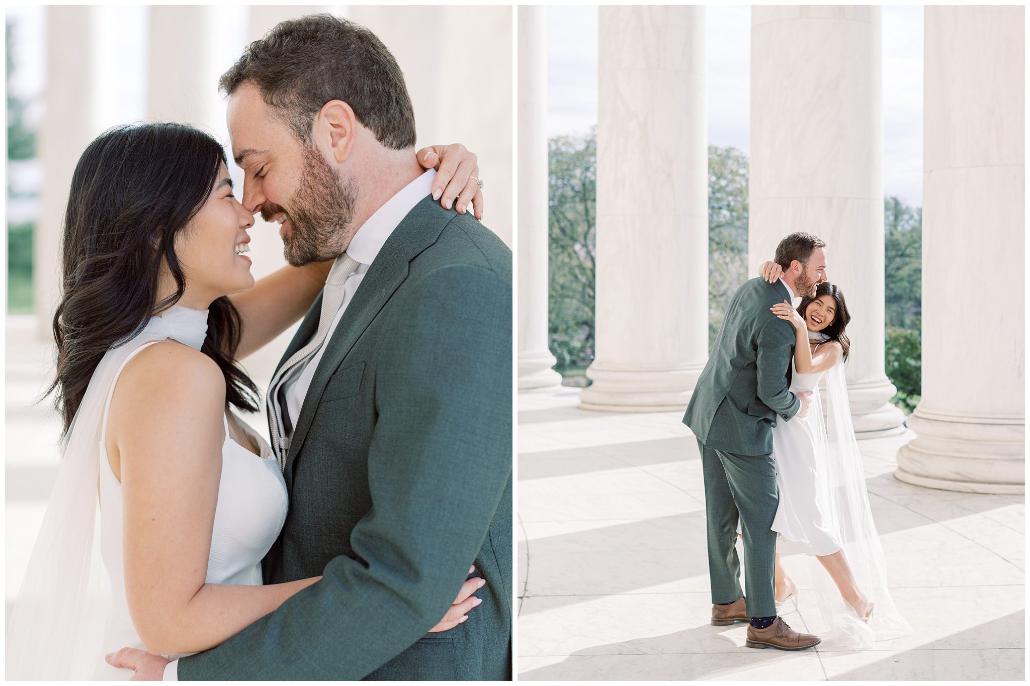 Romantic engagement portraits at the Jefferson Memorial during cherry blossom peak bloom