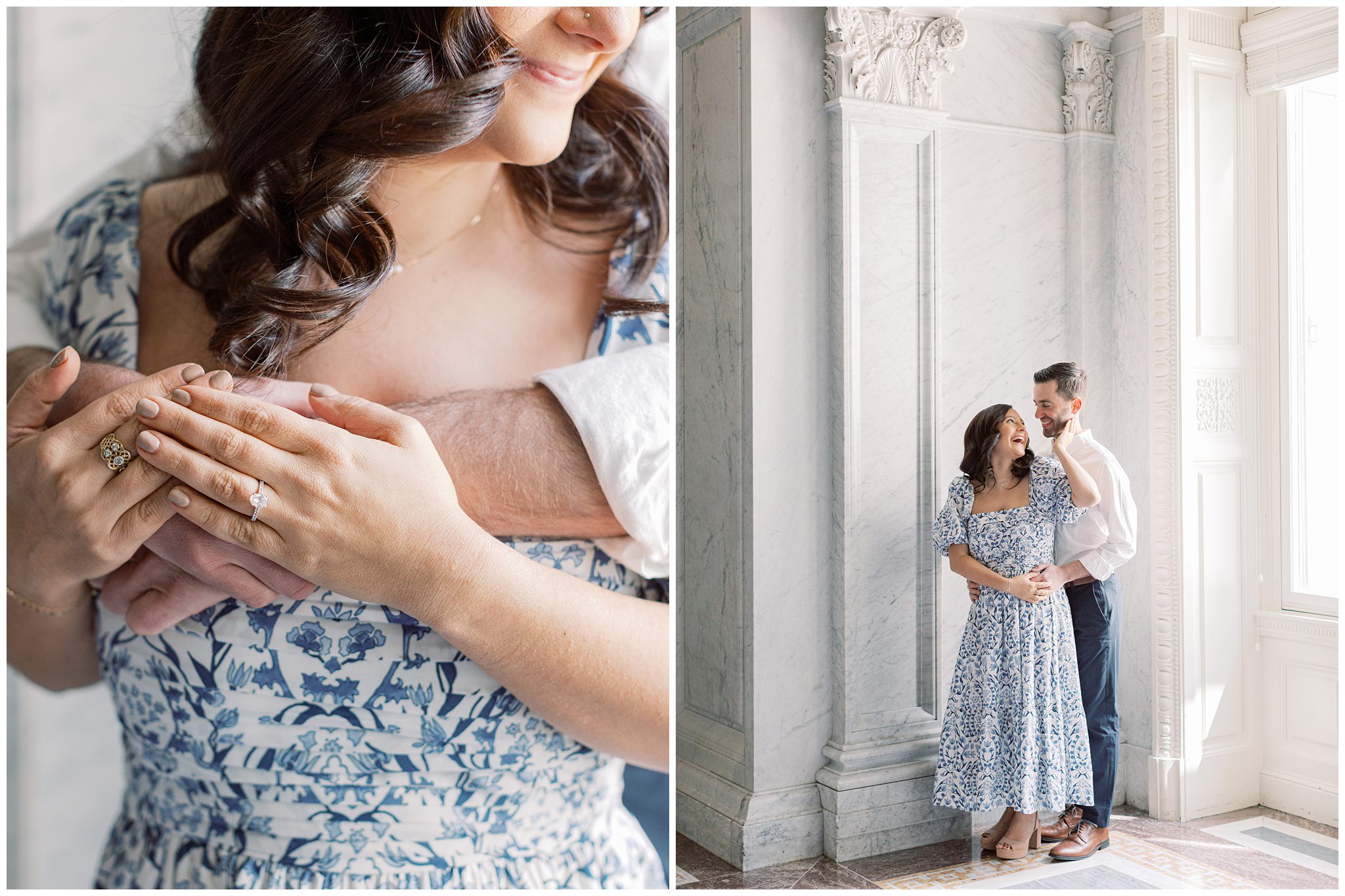 Couple laughing and looking at each other during their engagement session