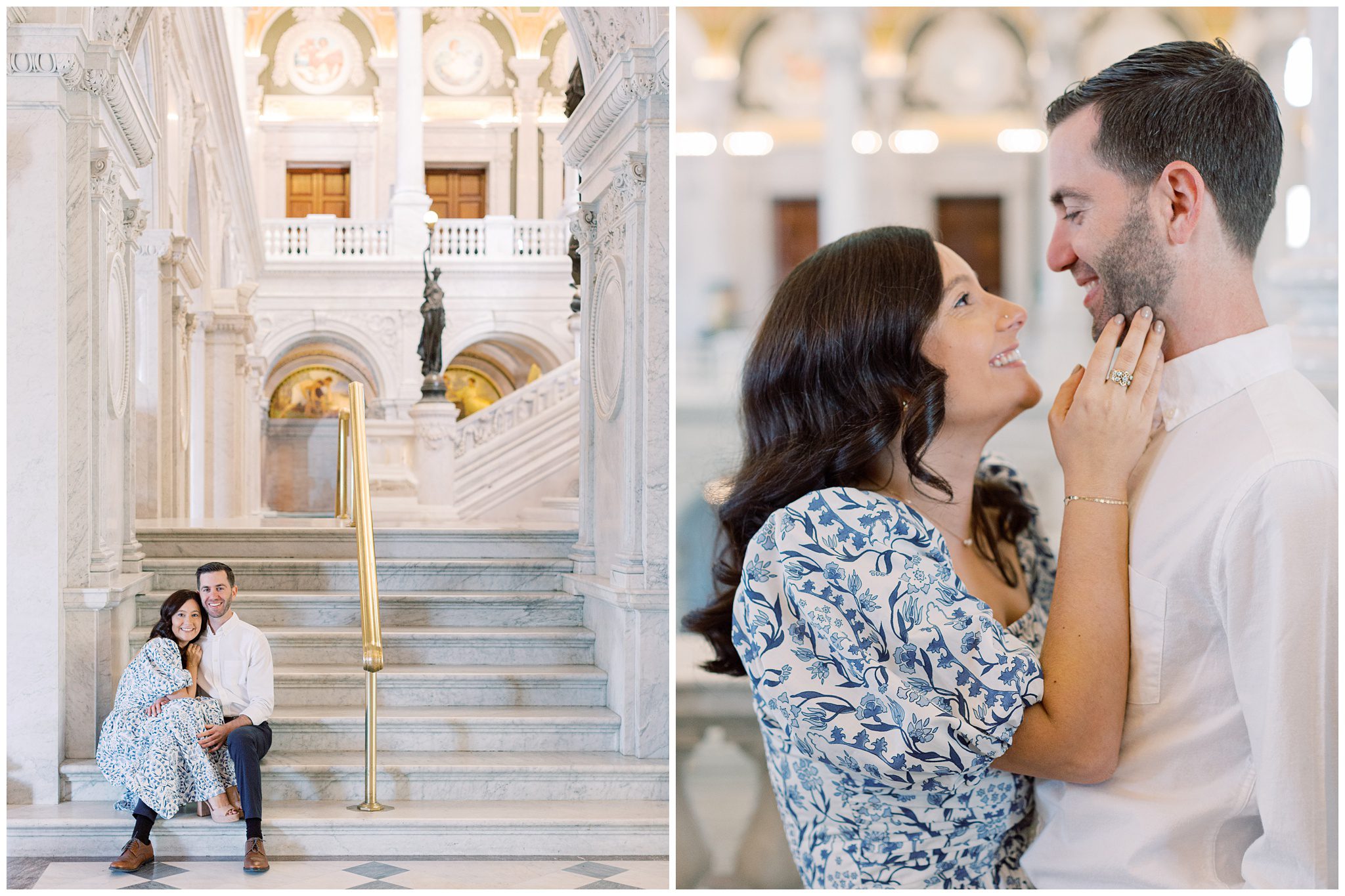 Couple cuddling and looking at each other during engagement session
